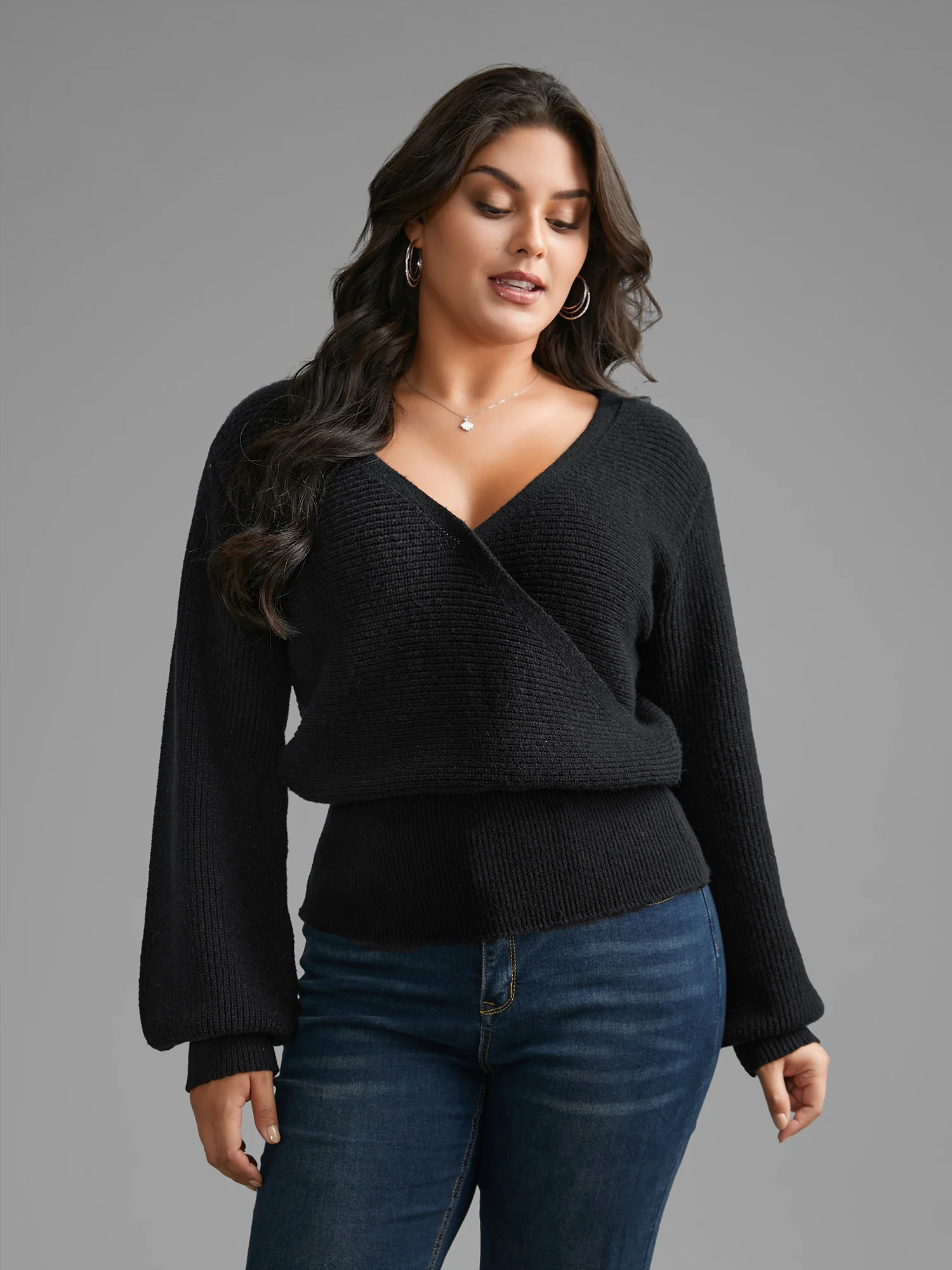 Overlap Collar Textured Lantern Sleeve Pullover - Image 4