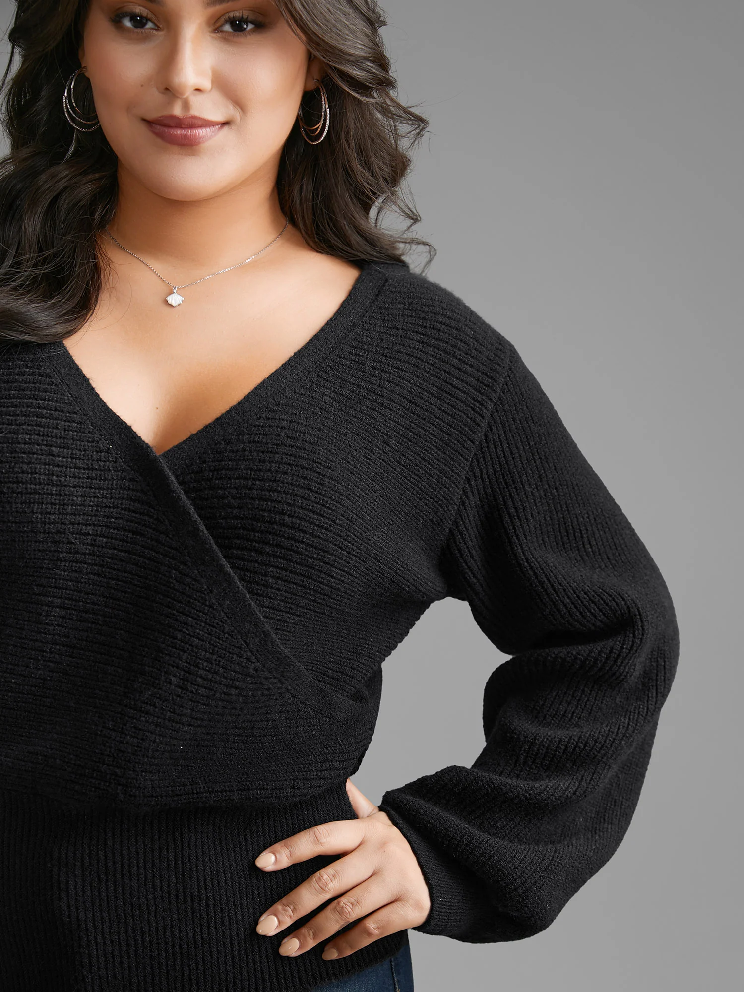 Overlap Collar Textured Lantern Sleeve Pullover - Image 5