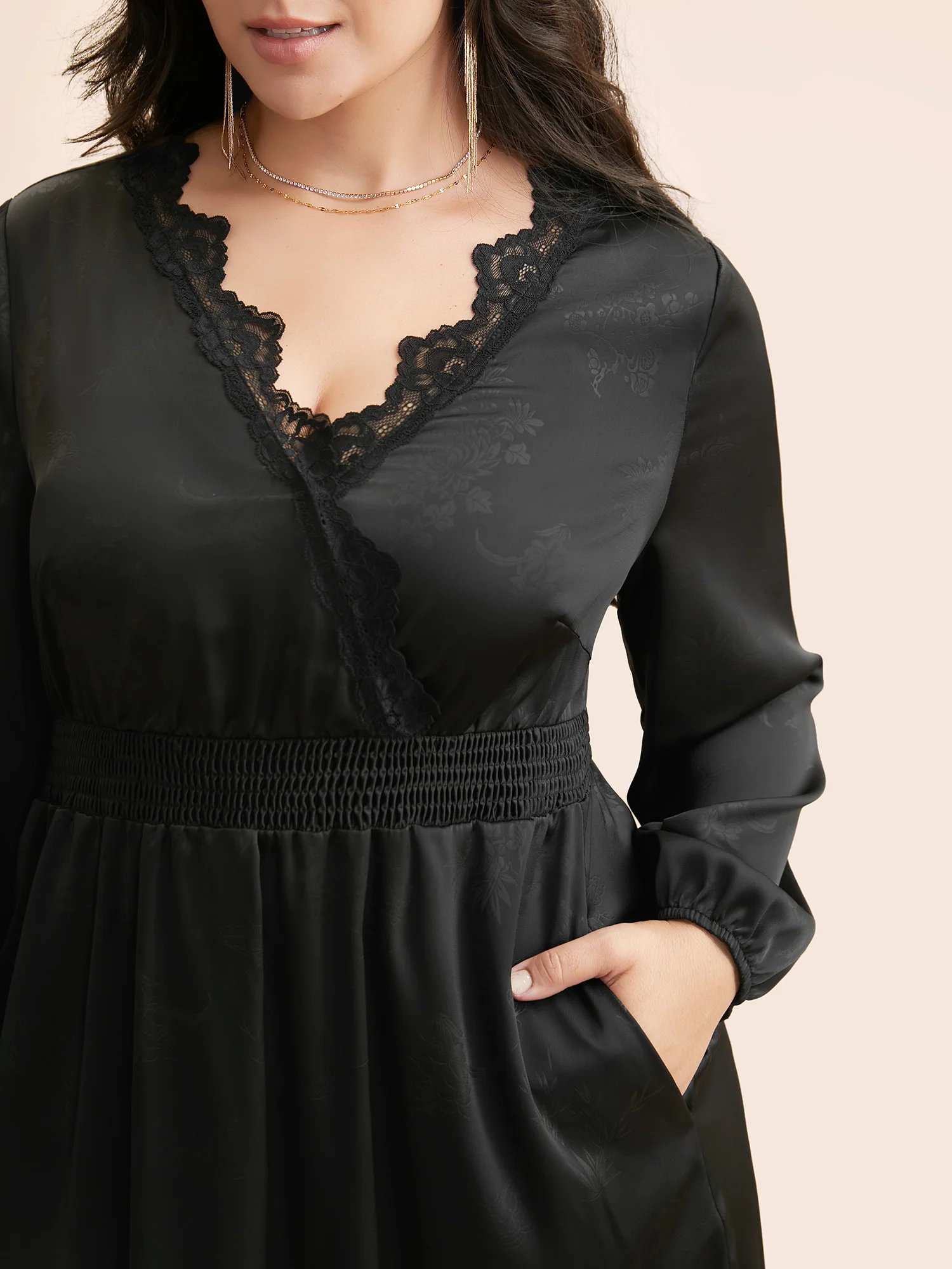 Overlap Collar Textured Shirred Lace Trim Dress - Image 2