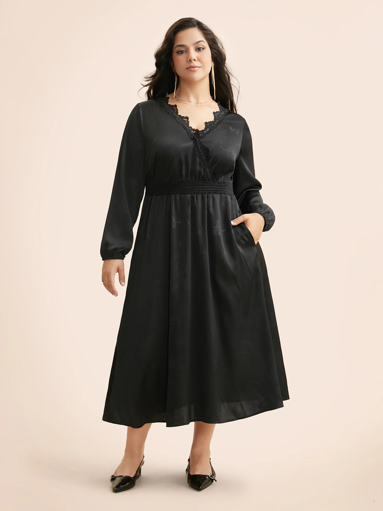 Overlap Collar Textured Shirred Lace Trim Dress - Image 3