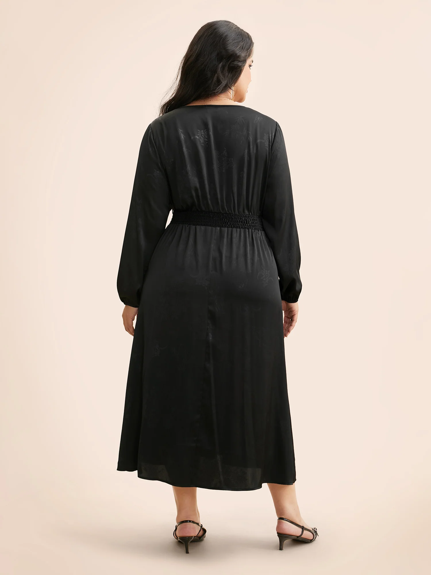 Overlap Collar Textured Shirred Lace Trim Dress - Image 4