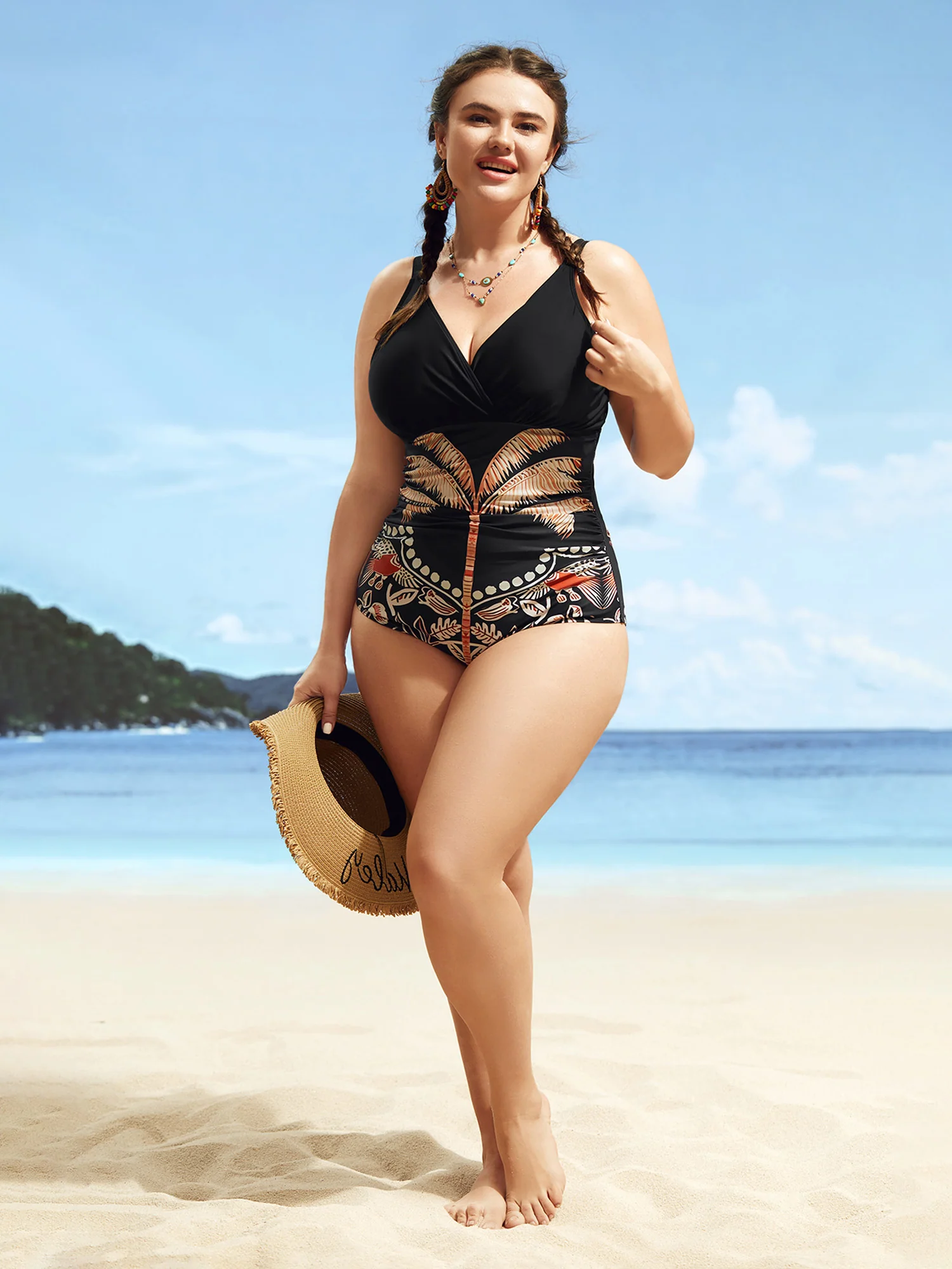 Overlap Collar Tropical Print Gathered One Piece Swimsuit - Image 3