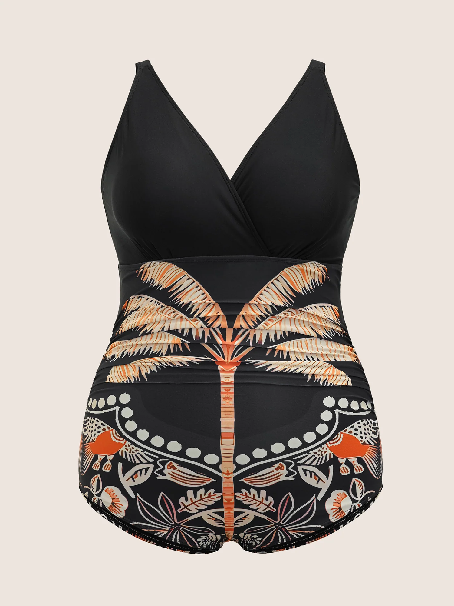 Overlap Collar Tropical Print Gathered One Piece Swimsuit - Image 7