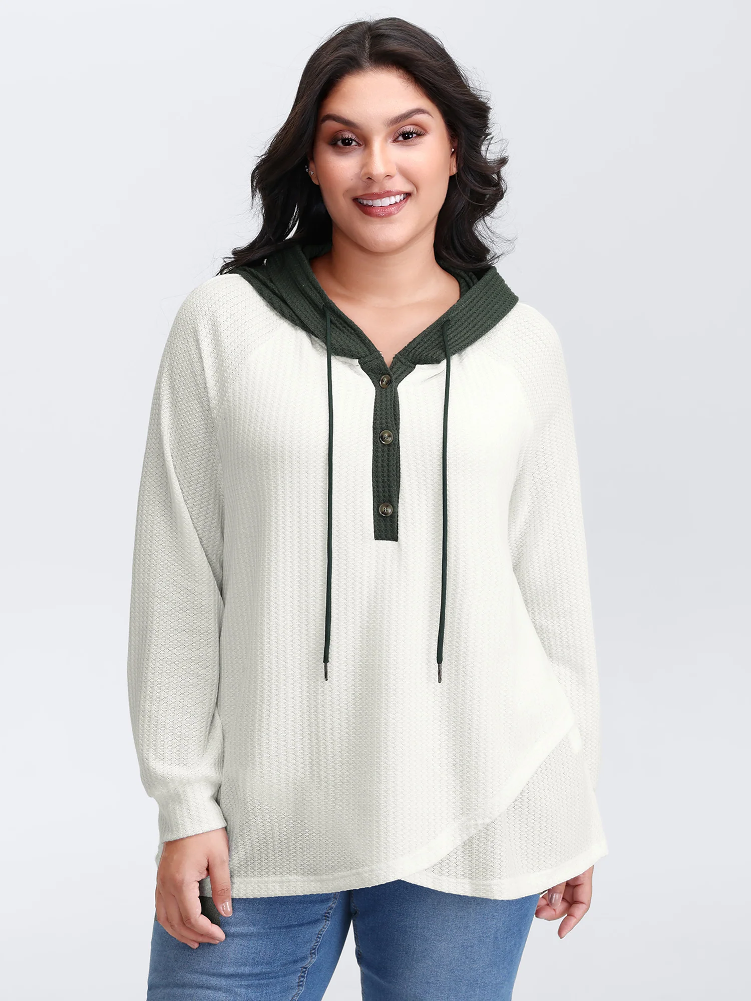 Overlap Hem Color Block Hooded Waffle Sweatshirt