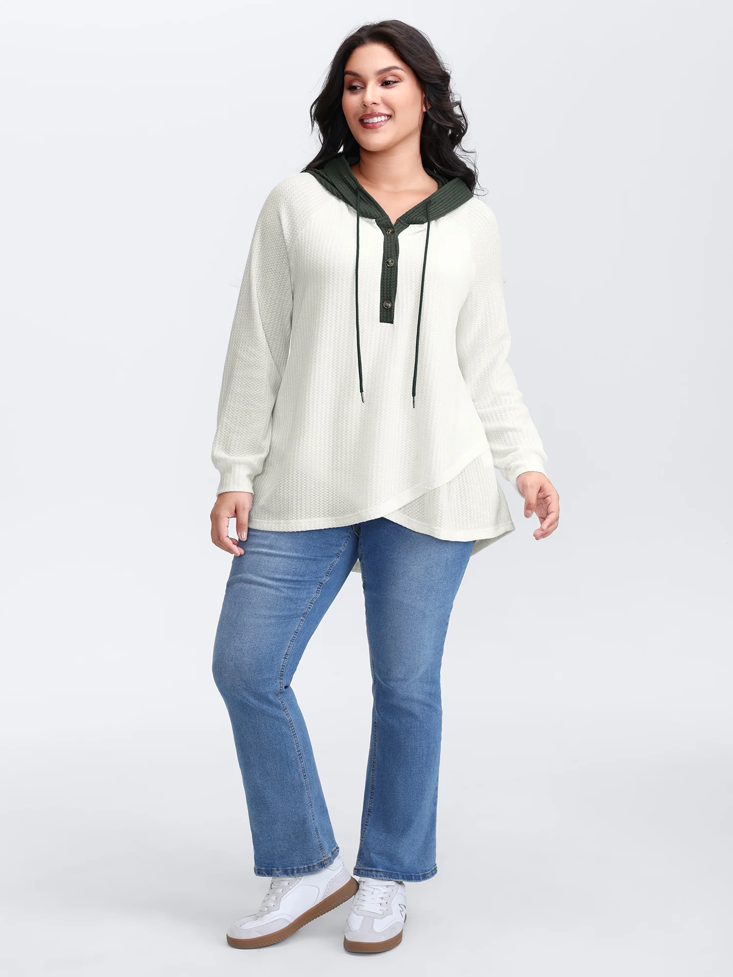Overlap Hem Color Block Hooded Waffle Sweatshirt - Image 3