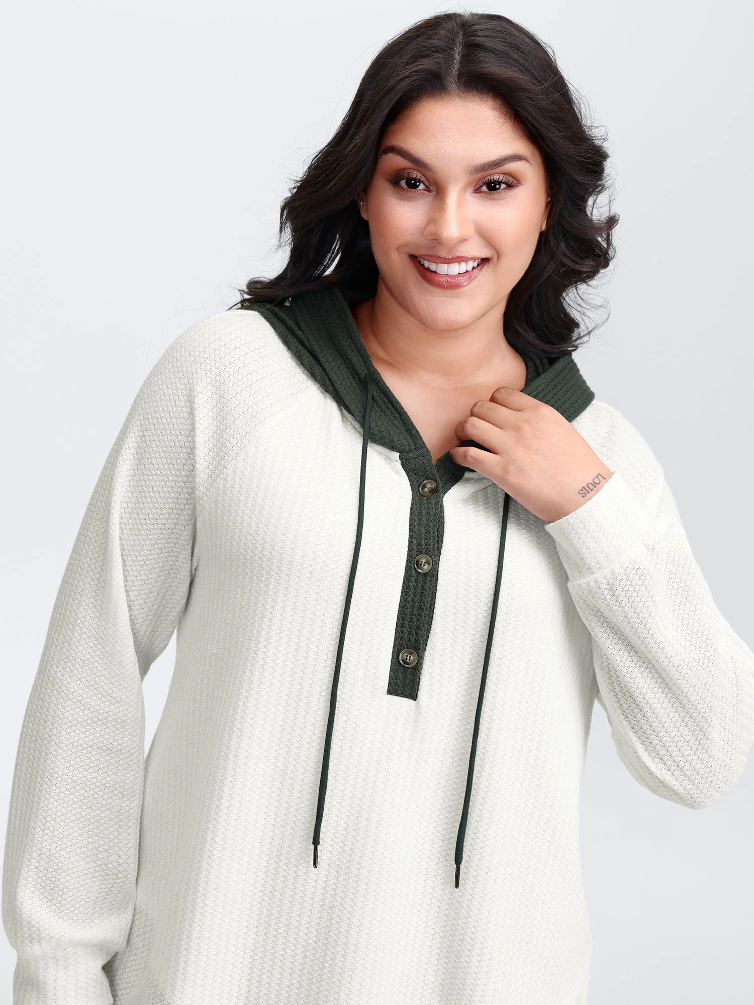 Overlap Hem Color Block Hooded Waffle Sweatshirt - Image 4
