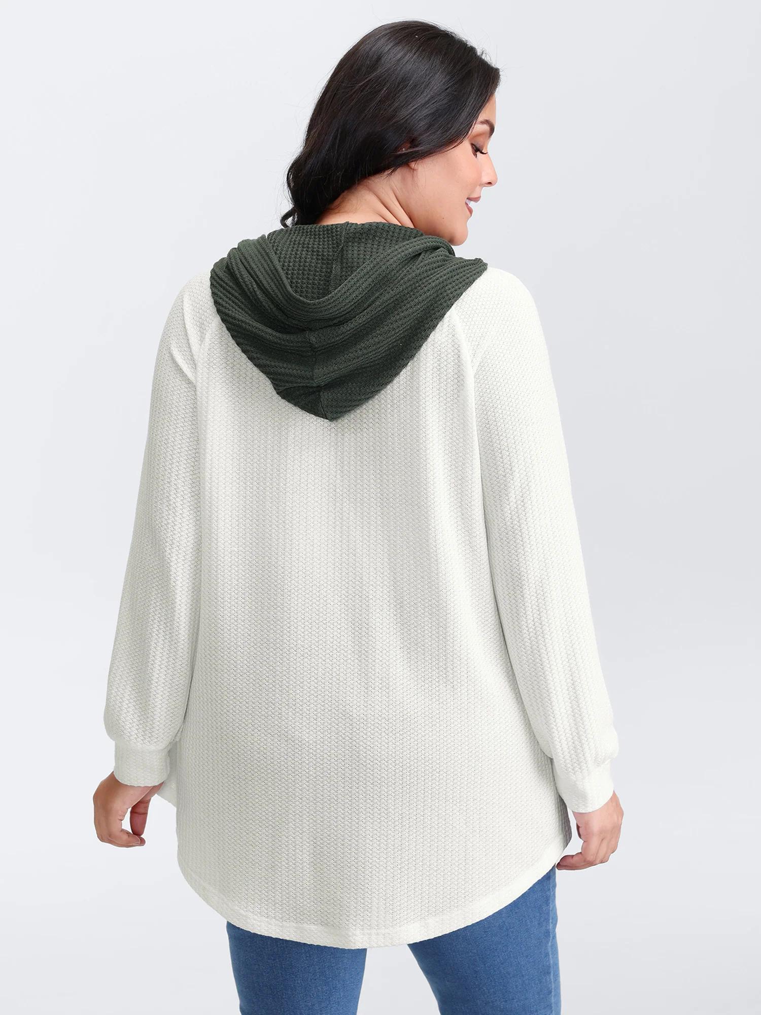 Overlap Hem Color Block Hooded Waffle Sweatshirt - Image 5