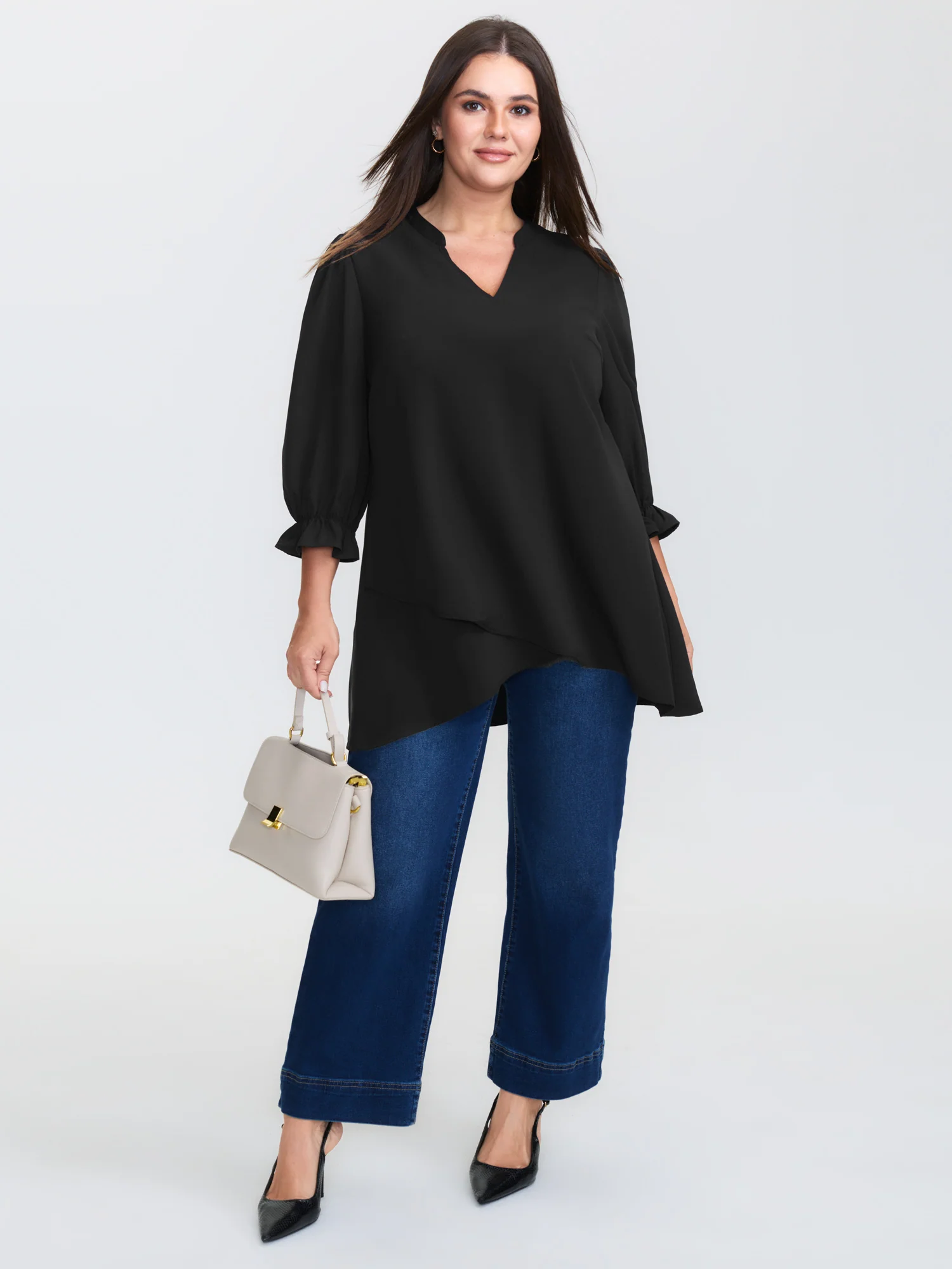 Overlap Hem Stretchy Cuff Sleeve Blouse - Image 2