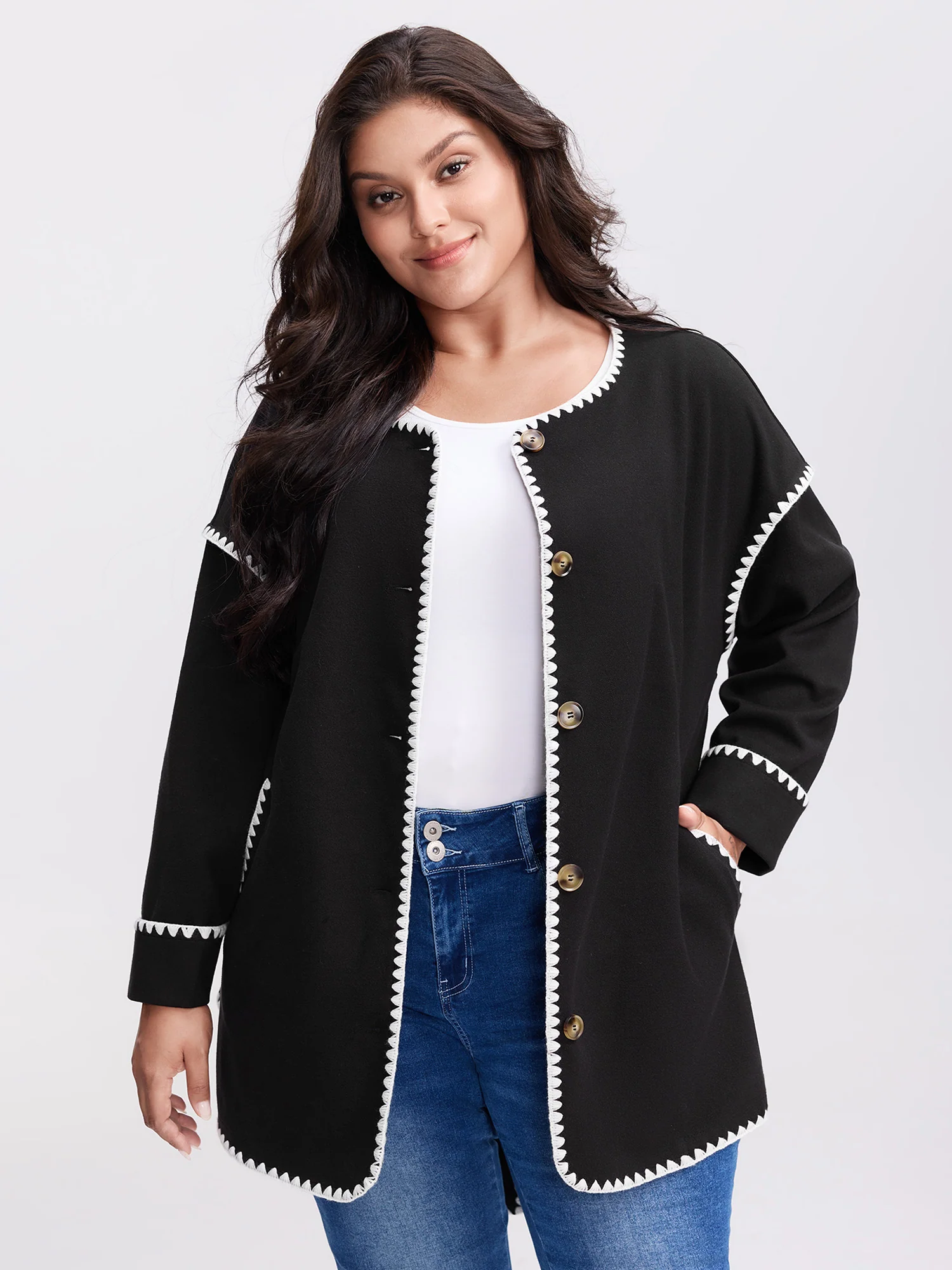Overlock Stitch Color Contrast Belted Jacket - Image 2