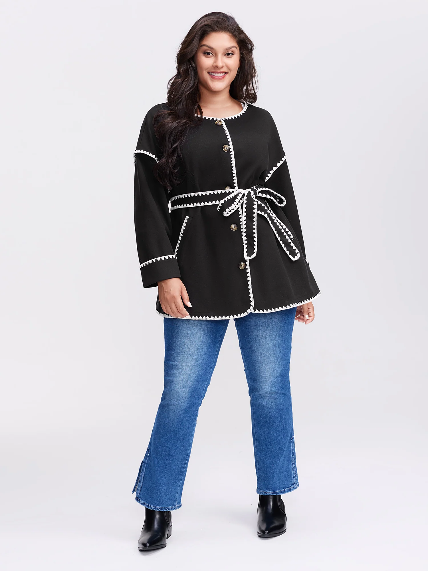 Overlock Stitch Color Contrast Belted Jacket - Image 3