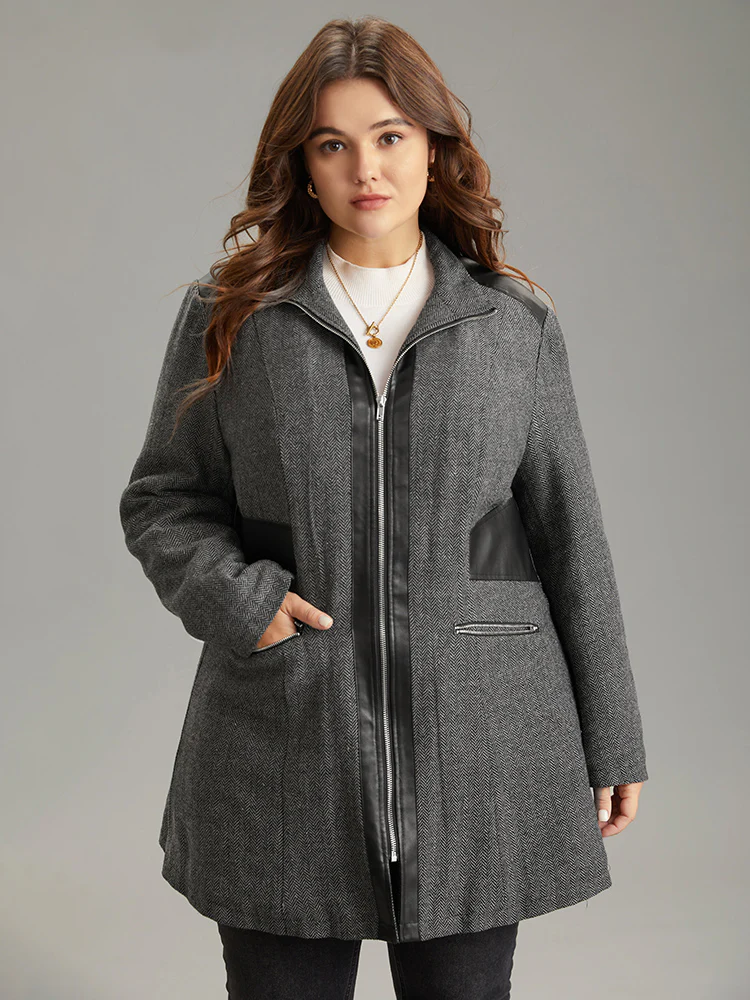 Padded Patchwork PU Leather Zipper Coat - Image 2