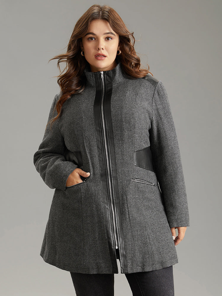 Padded Patchwork PU Leather Zipper Coat - Image 3