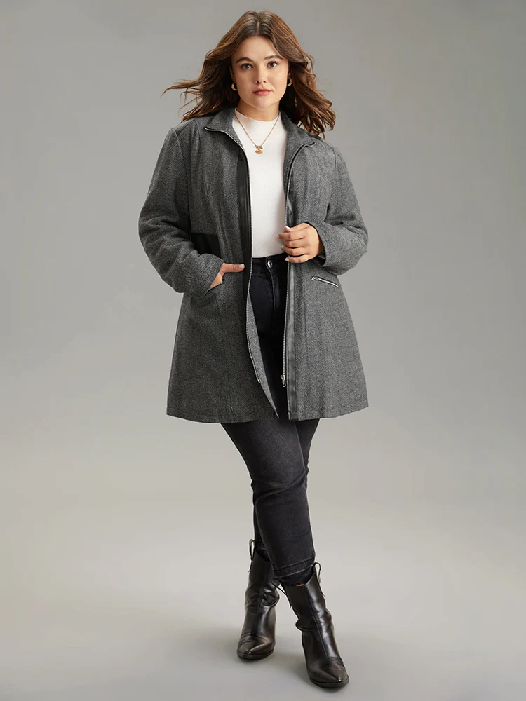 Padded Patchwork PU Leather Zipper Coat - Image 4