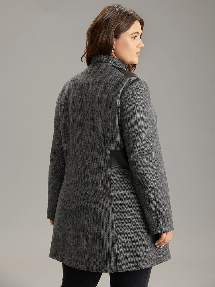Padded Patchwork PU Leather Zipper Coat - Image 5