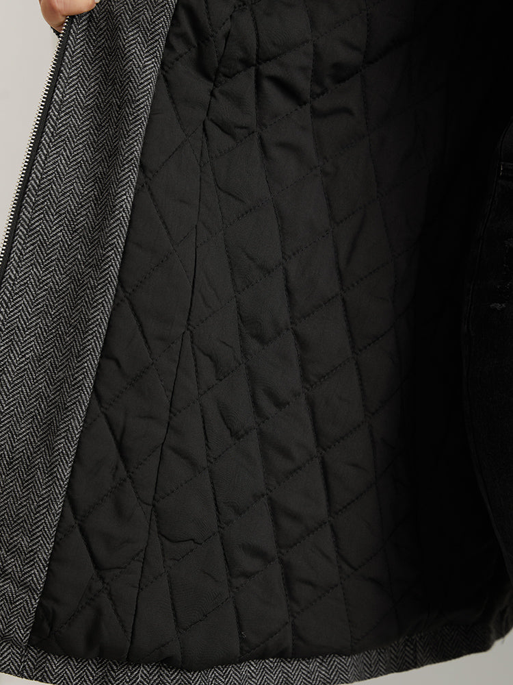 Padded Patchwork PU Leather Zipper Coat - Image 6