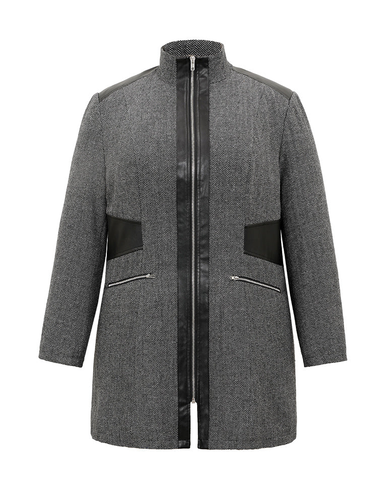 Padded Patchwork PU Leather Zipper Coat - Image 7