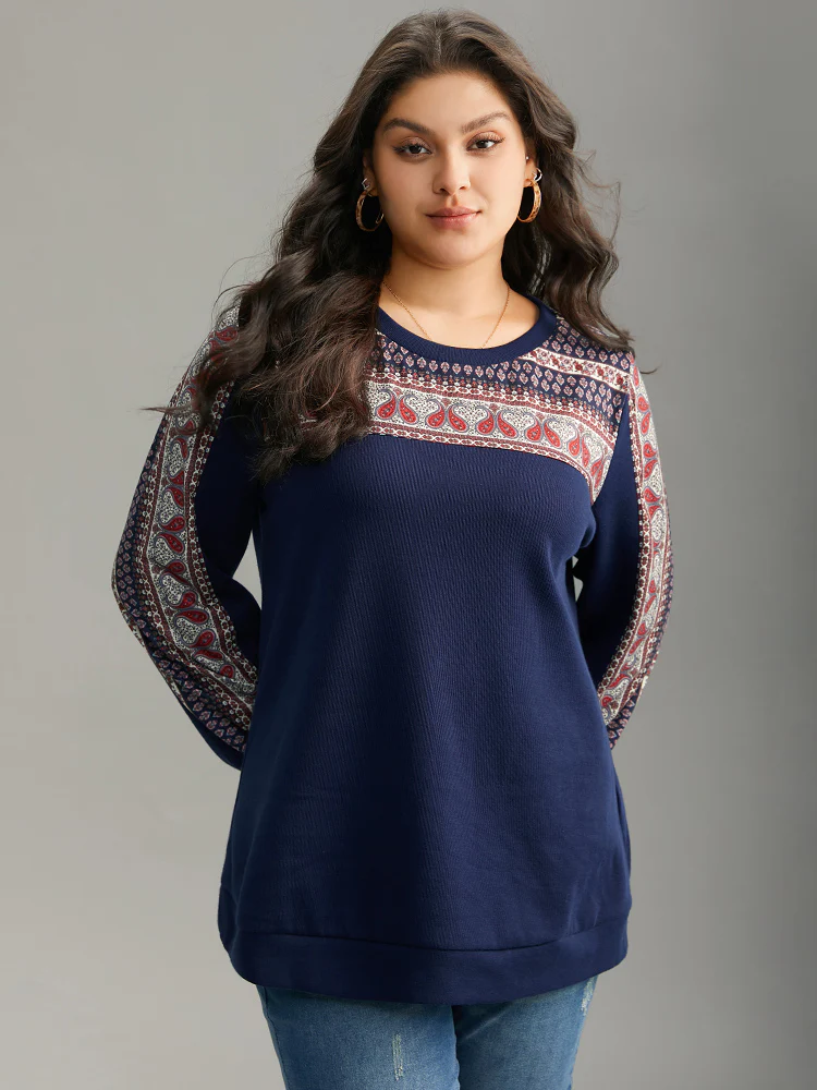 Paisley Contrast Patchwork Rib Knit Sweatshirt - Image 3