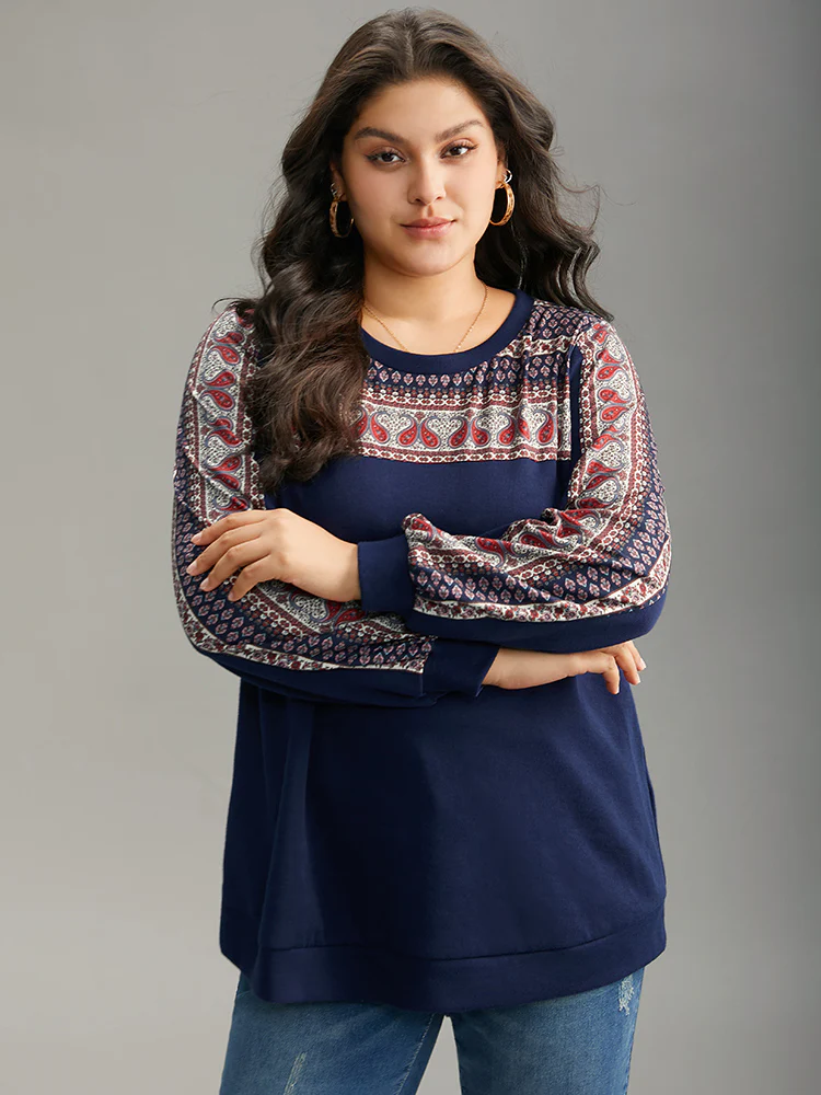 Paisley Contrast Patchwork Rib Knit Sweatshirt - Image 4