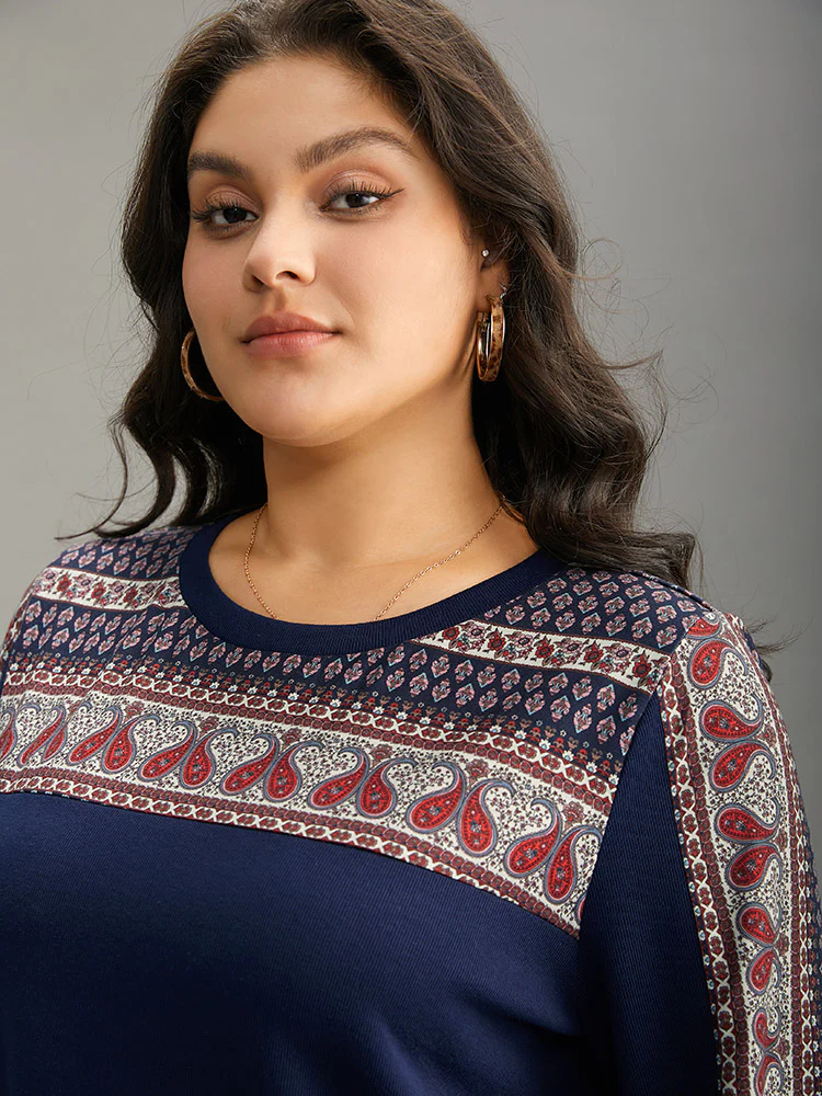 Paisley Contrast Patchwork Rib Knit Sweatshirt - Image 6