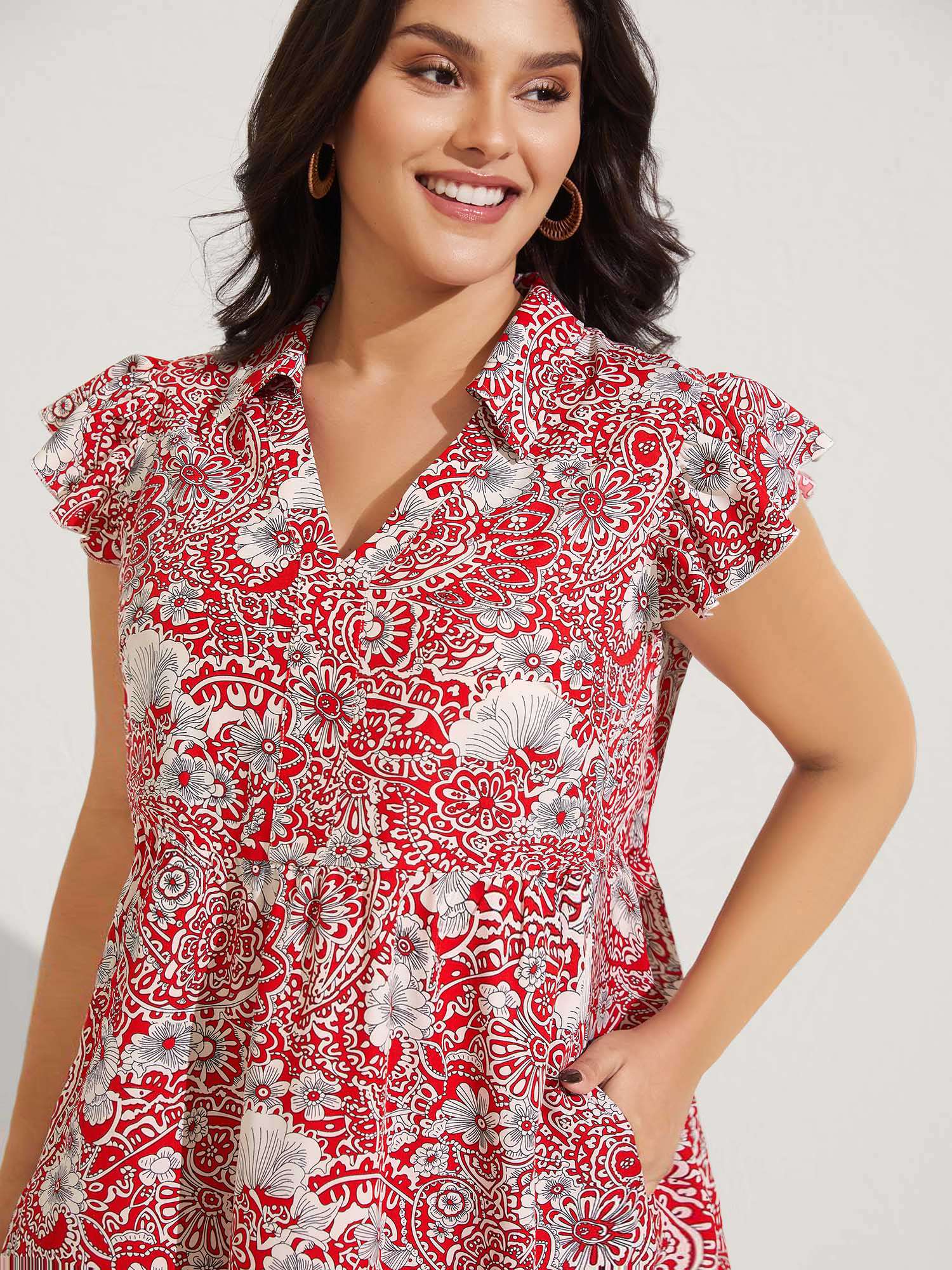 Paisley Print Collar Flutter Sleeve Midi Dress - Image 2