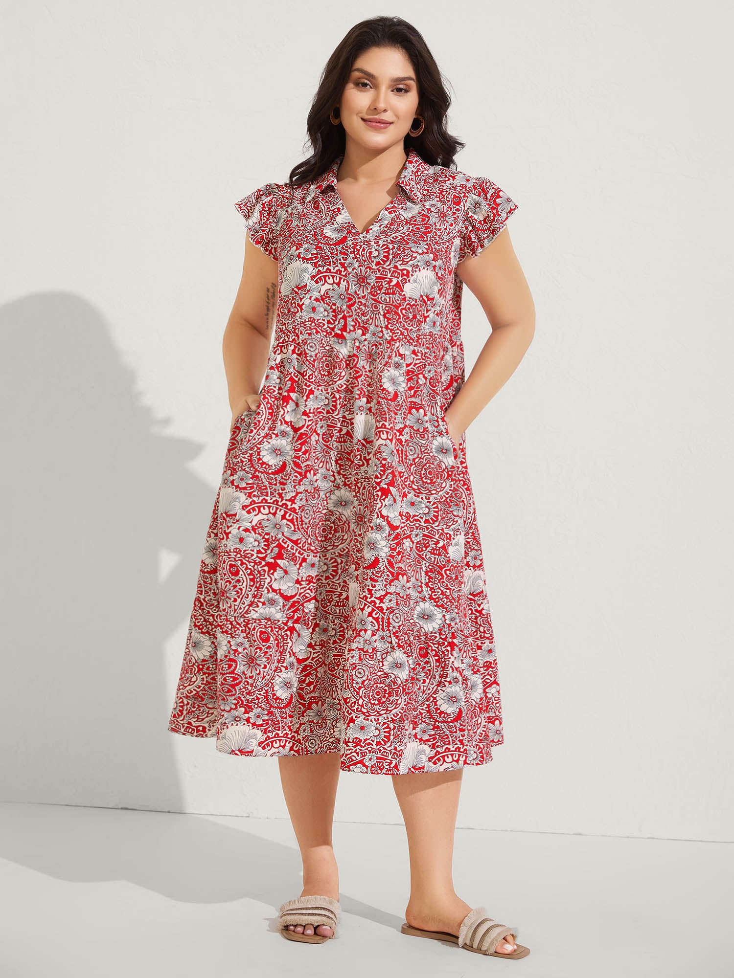 Paisley Print Collar Flutter Sleeve Midi Dress - Image 3