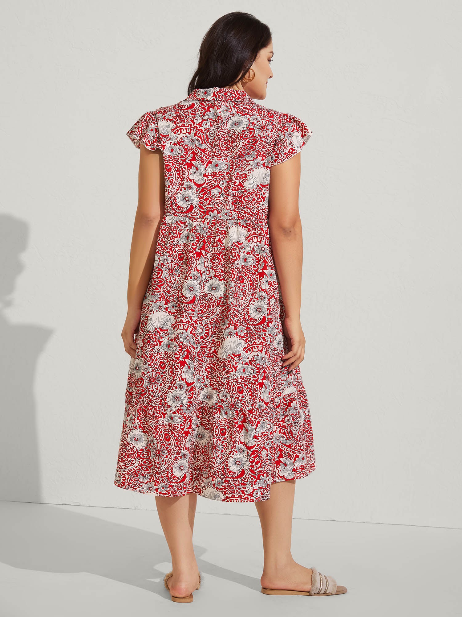 Paisley Print Collar Flutter Sleeve Midi Dress - Image 4