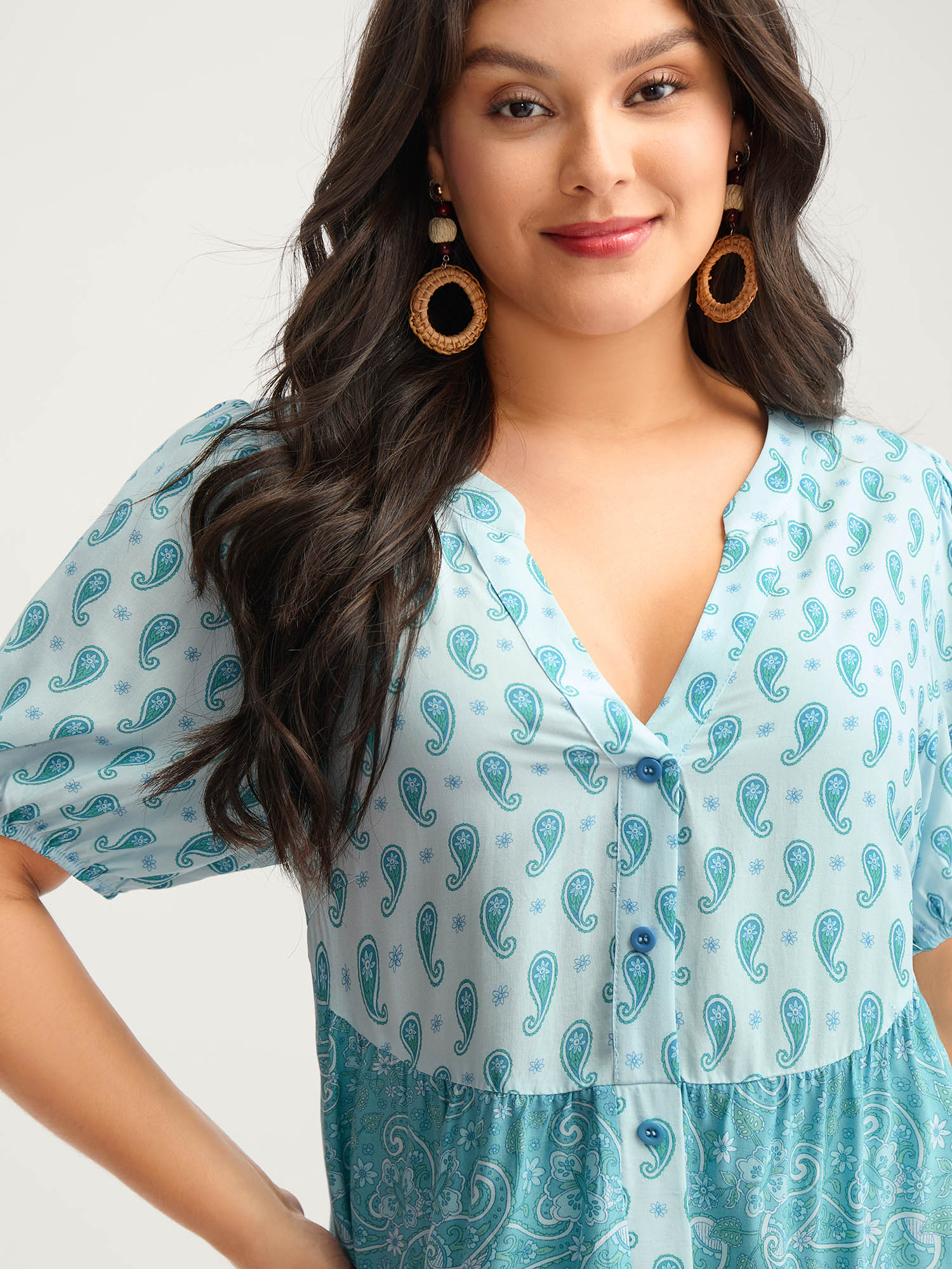 Paisley Print Contrast Button Placket Midi Dress - Image 2