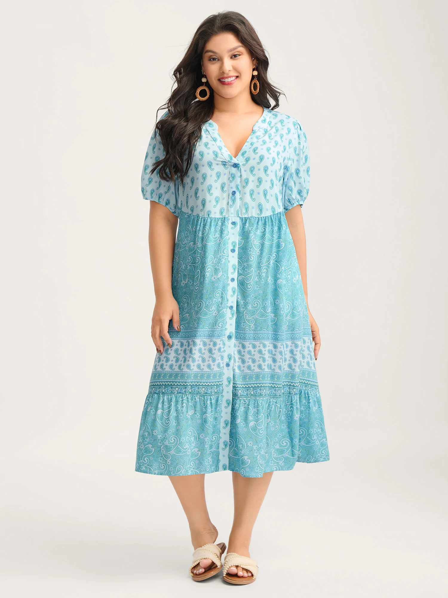 Paisley Print Contrast Button Placket Midi Dress - Image 3