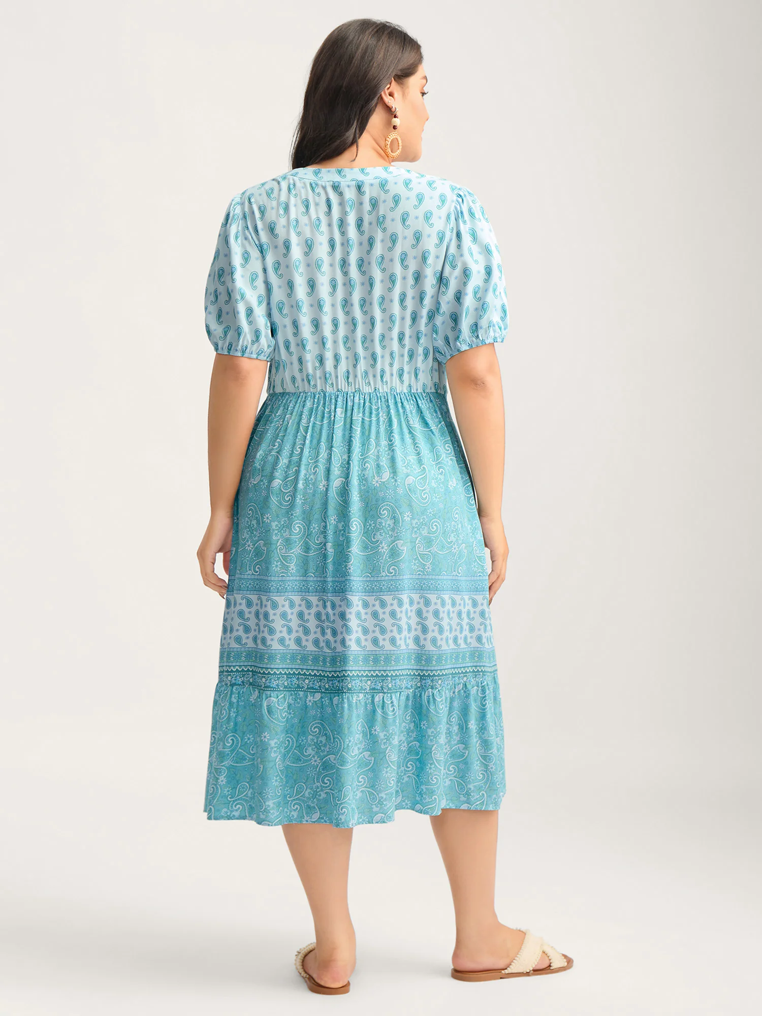 Paisley Print Contrast Button Placket Midi Dress - Image 4