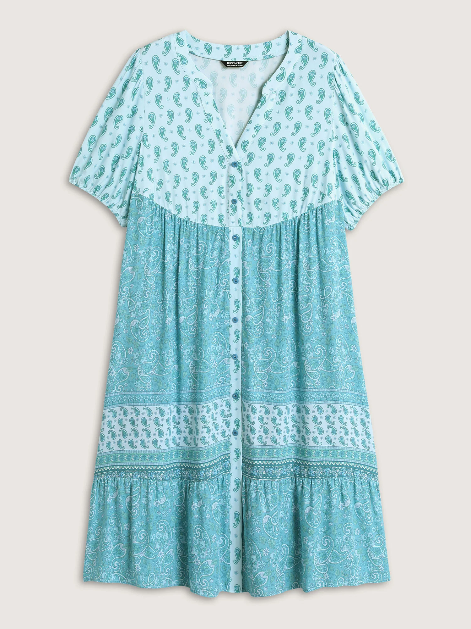 Paisley Print Contrast Button Placket Midi Dress - Image 7