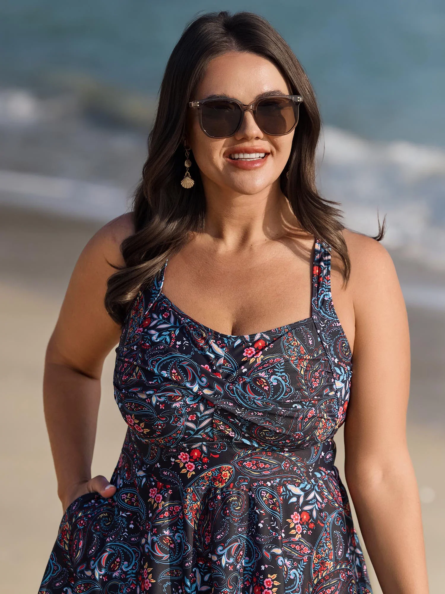 Paisley Print Crossstraps Pockets Swim Dress - Image 2