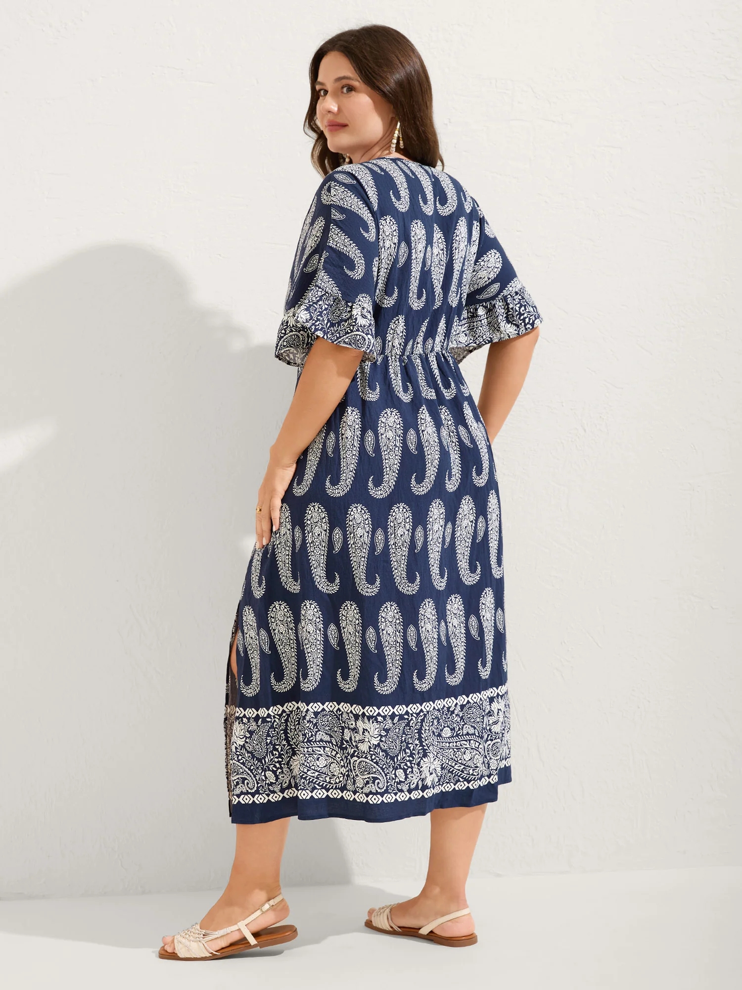 Paisley Print Dolman Ruffled Sleeve Midi Dress - Image 4