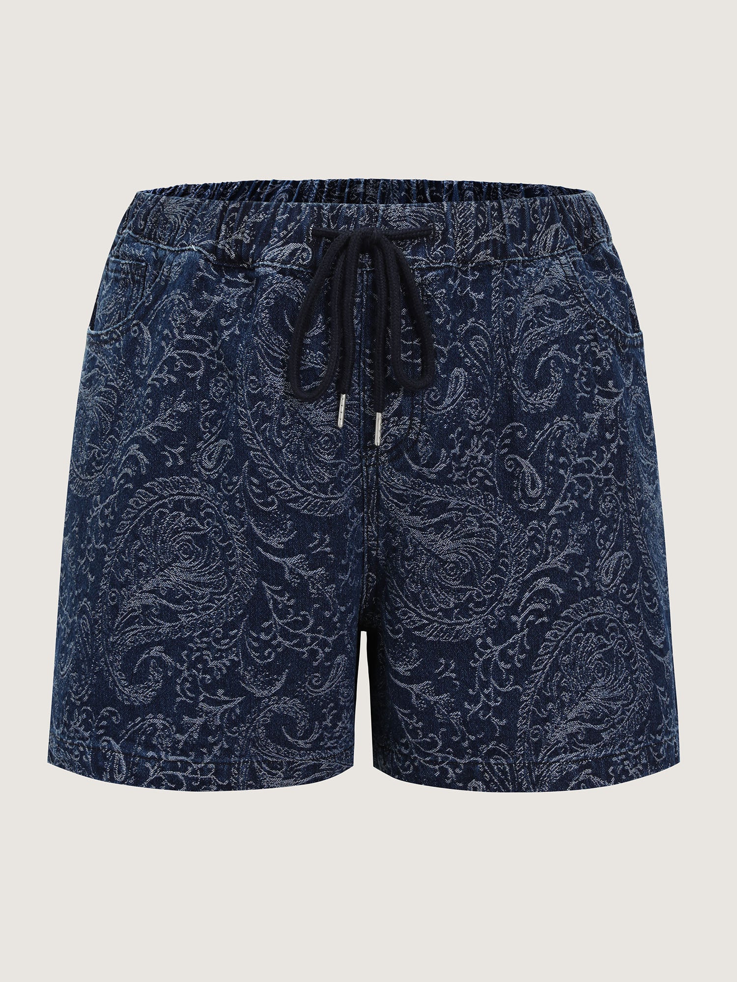 Paisley Print Drawstring Straight-Leg Denim Shorts - Image 8