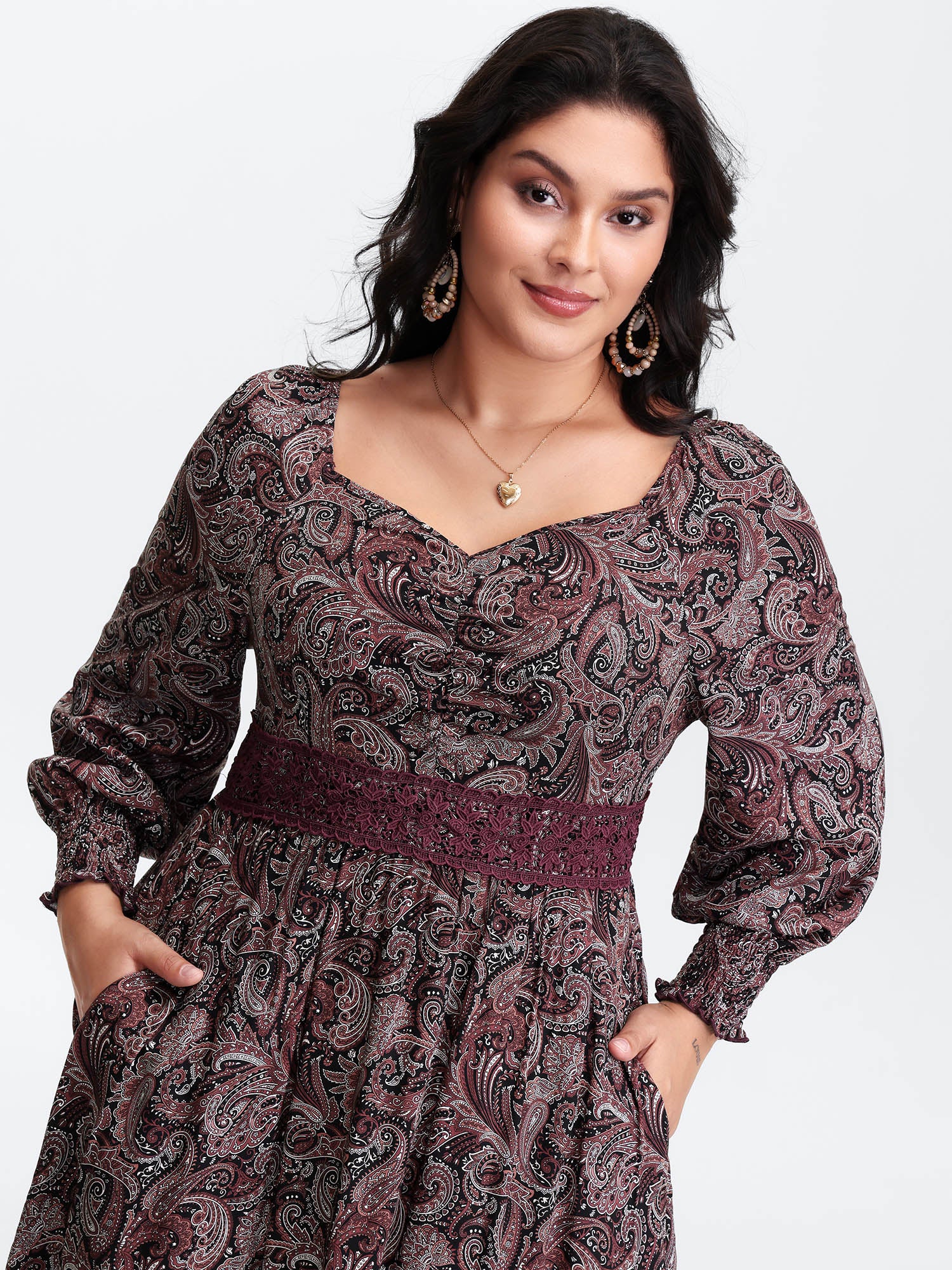 Paisley Print Lace Patchwork Midi Dress - Image 2