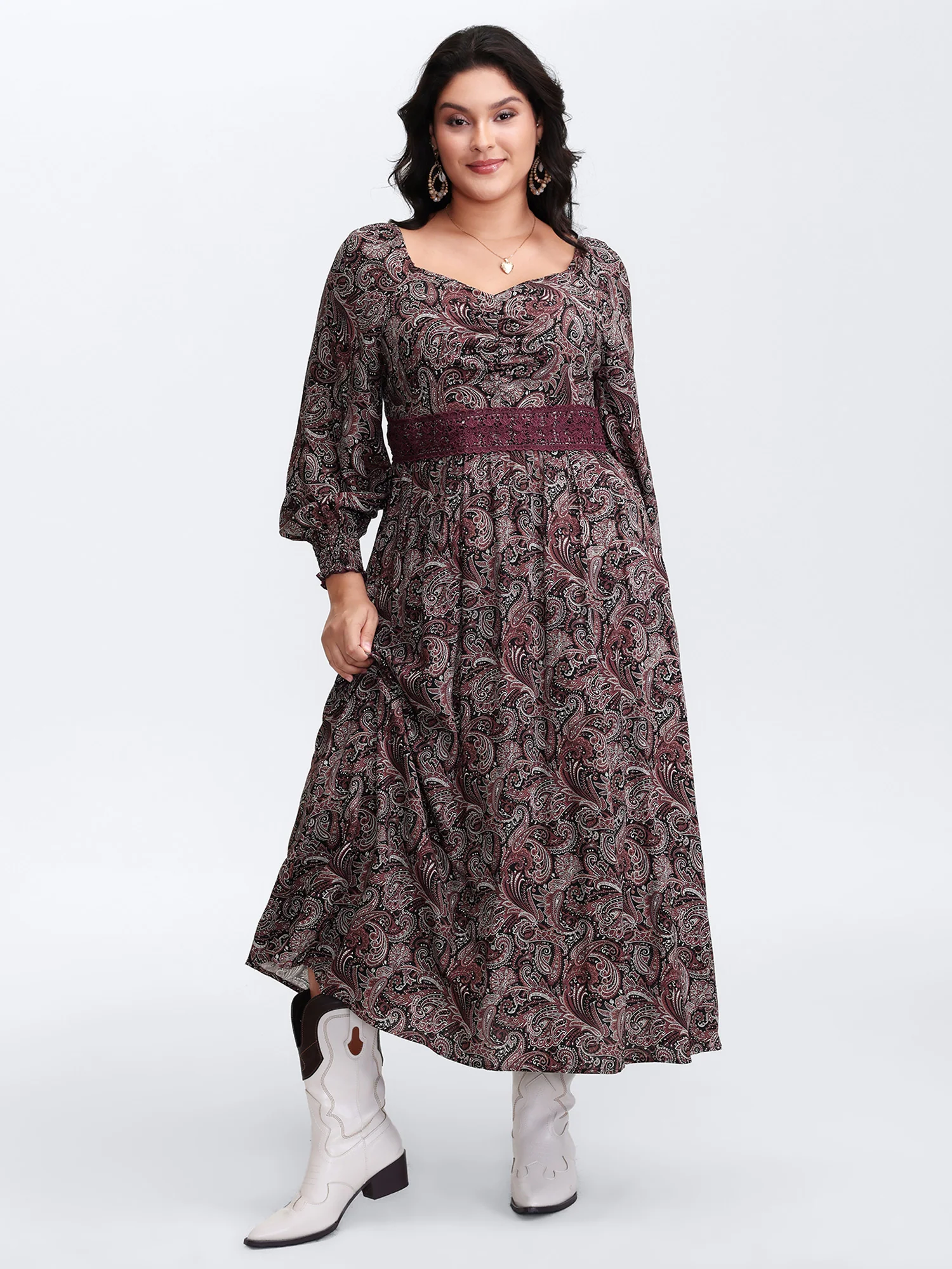 Paisley Print Lace Patchwork Midi Dress - Image 3