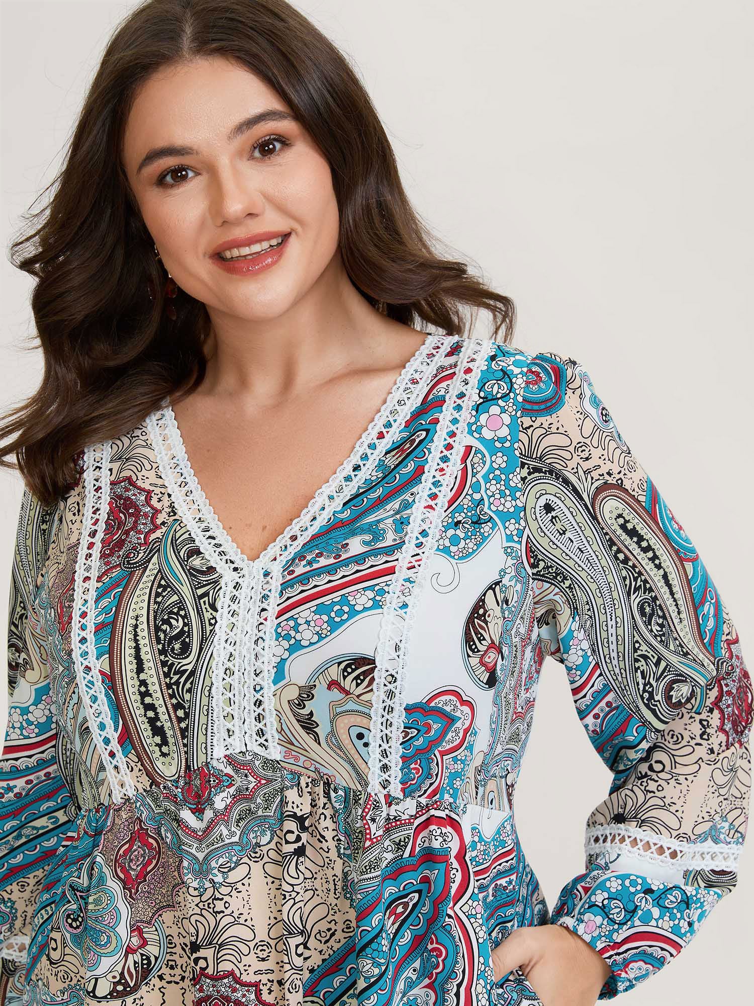 Paisley Print Lace Trim Midi Dress - Image 2