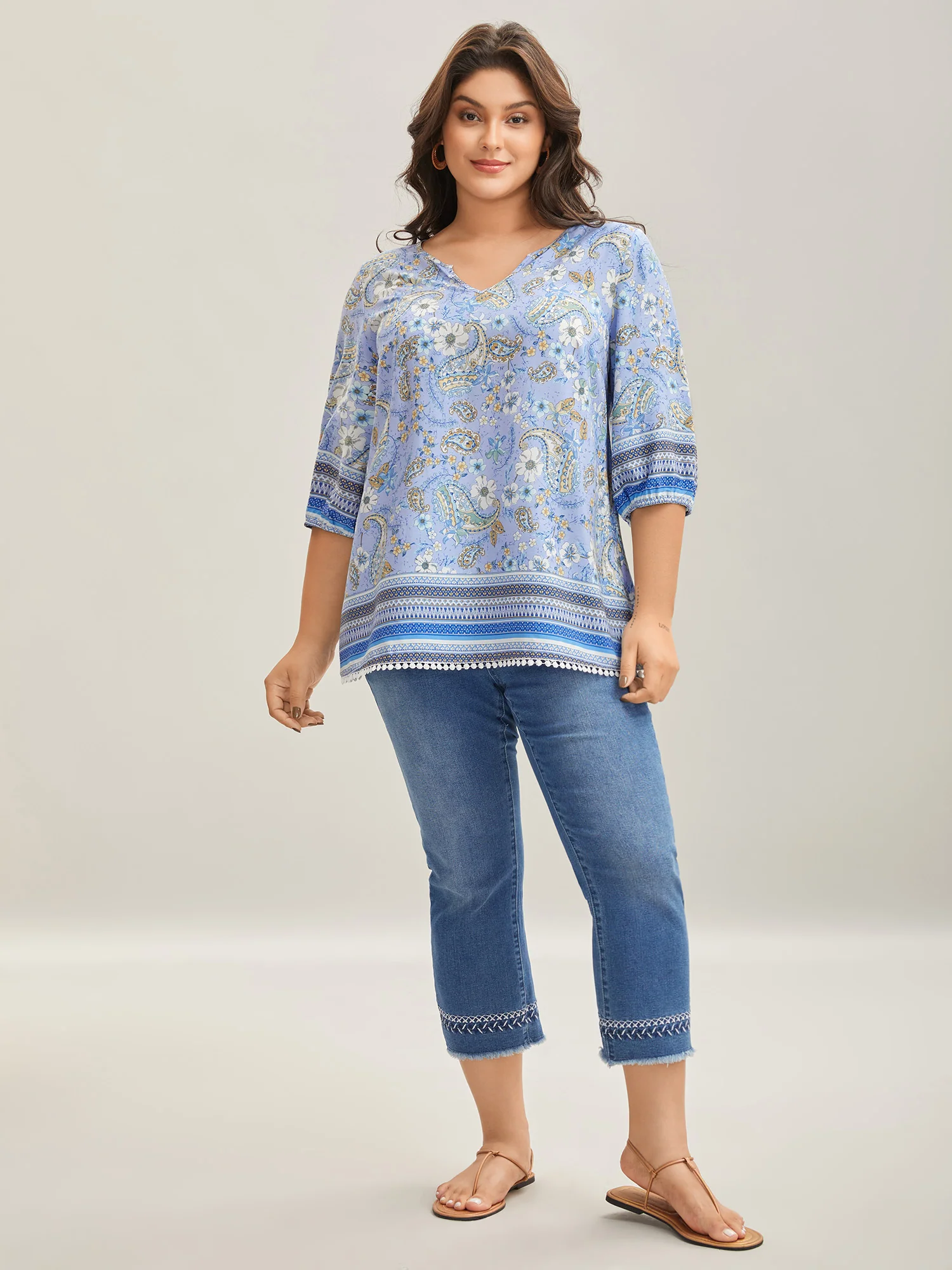 Paisley Print Lantern Sleeve Flowy Blouse - Image 3