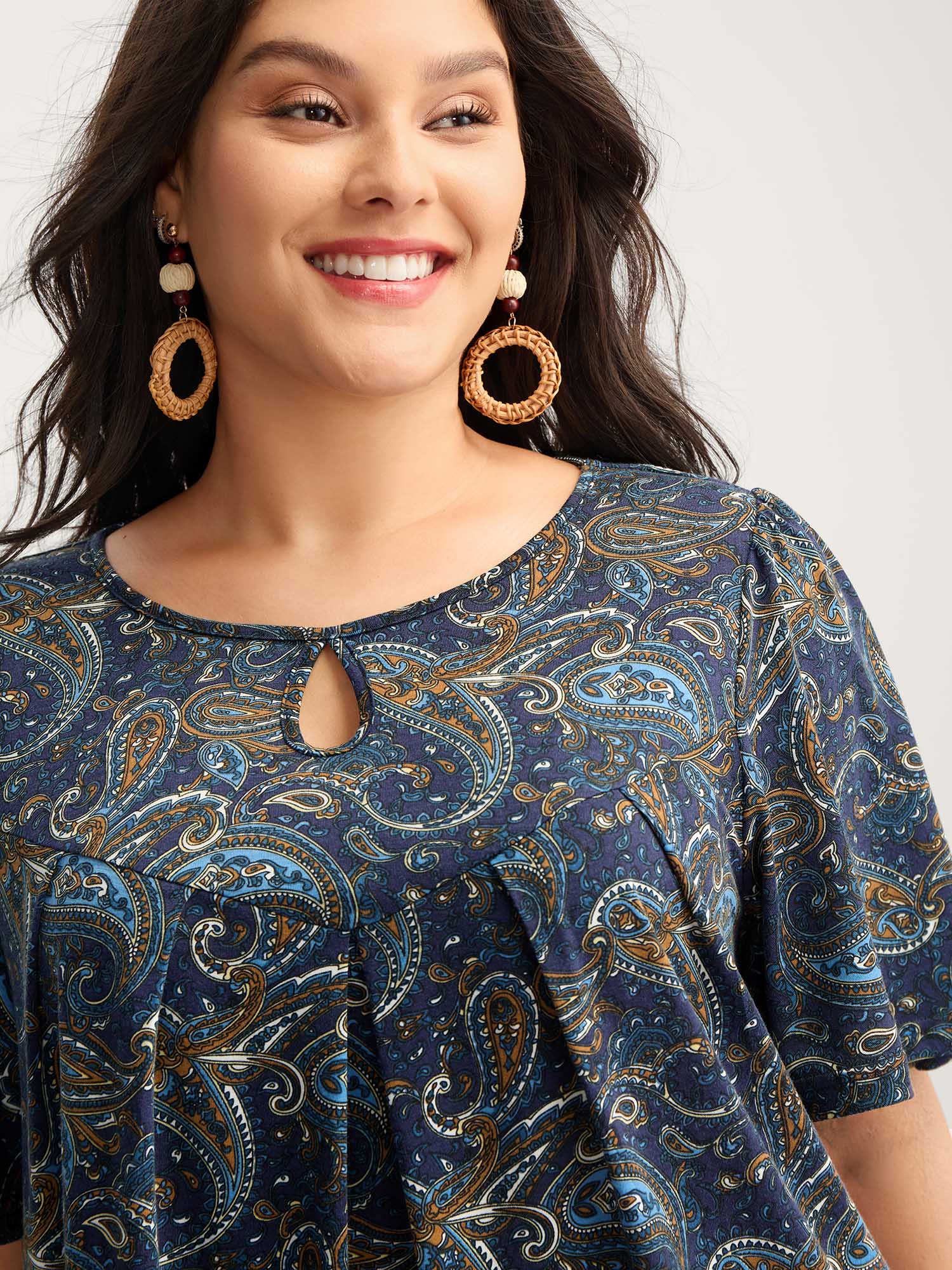 Paisley Print Neck Cut-Out Pleated Top - Image 2
