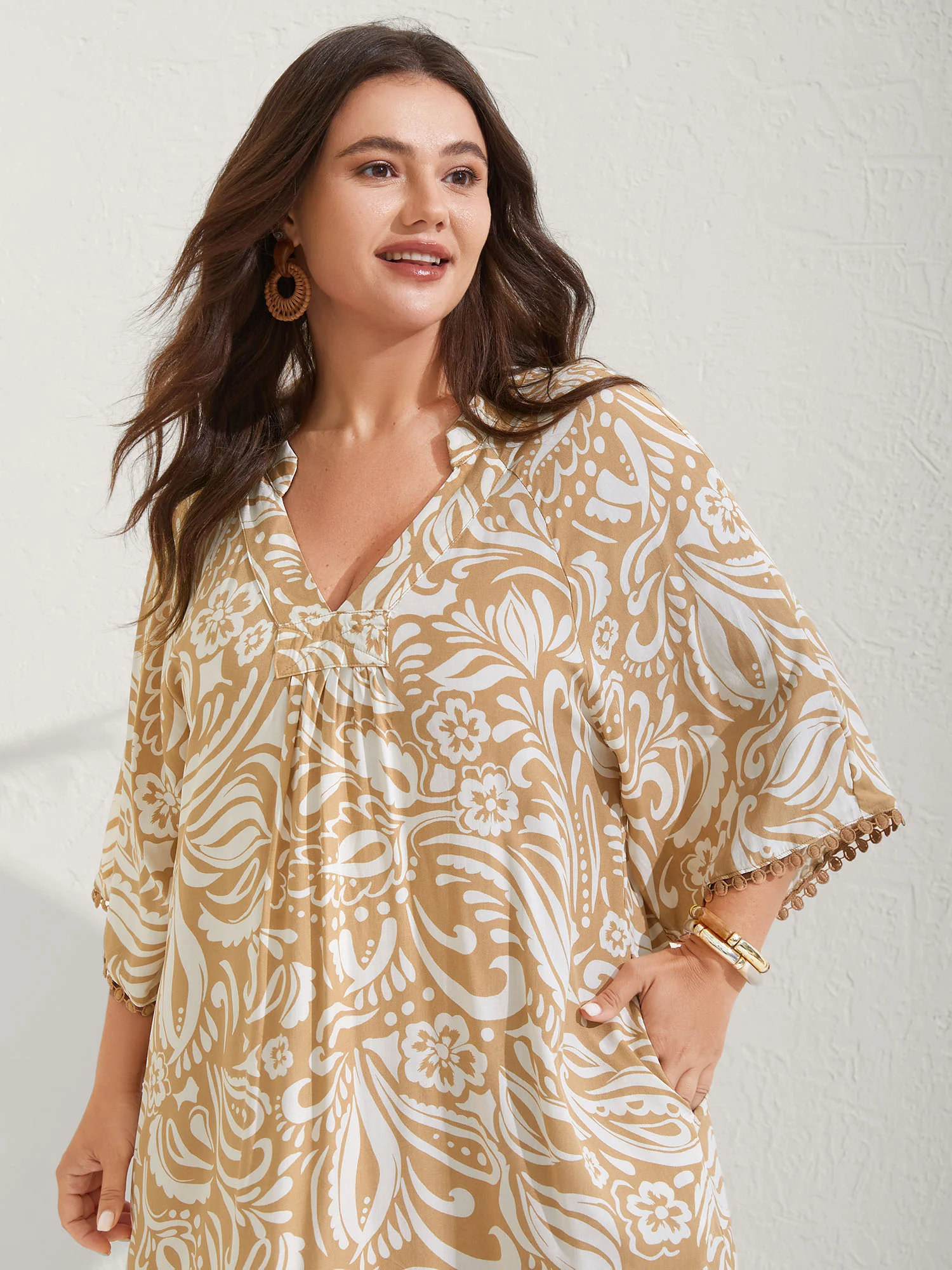 Paisley Print Notched Collar Lace Midi Dress - Image 2