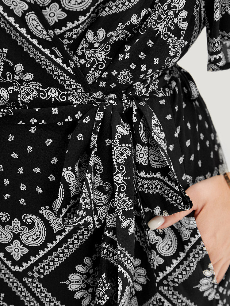 Paisley Print Pocket Belted Wrap Flutter Sleeve Dress - Image 10