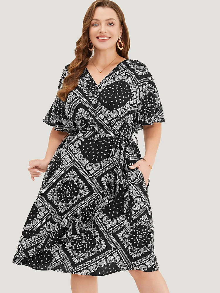 Paisley Print Pocket Belted Wrap Flutter Sleeve Dress - Image 6