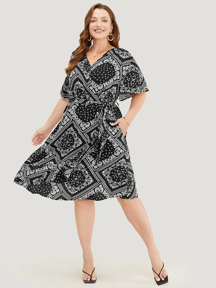 Paisley Print Pocket Belted Wrap Flutter Sleeve Dress - Image 7