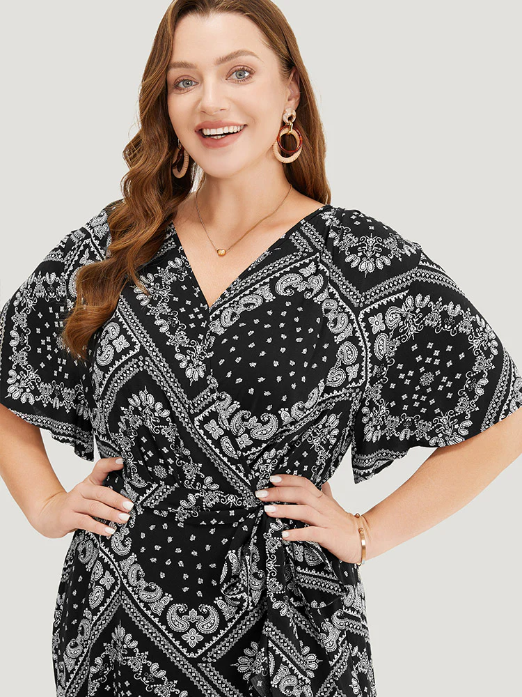 Paisley Print Pocket Belted Wrap Flutter Sleeve Dress - Image 8