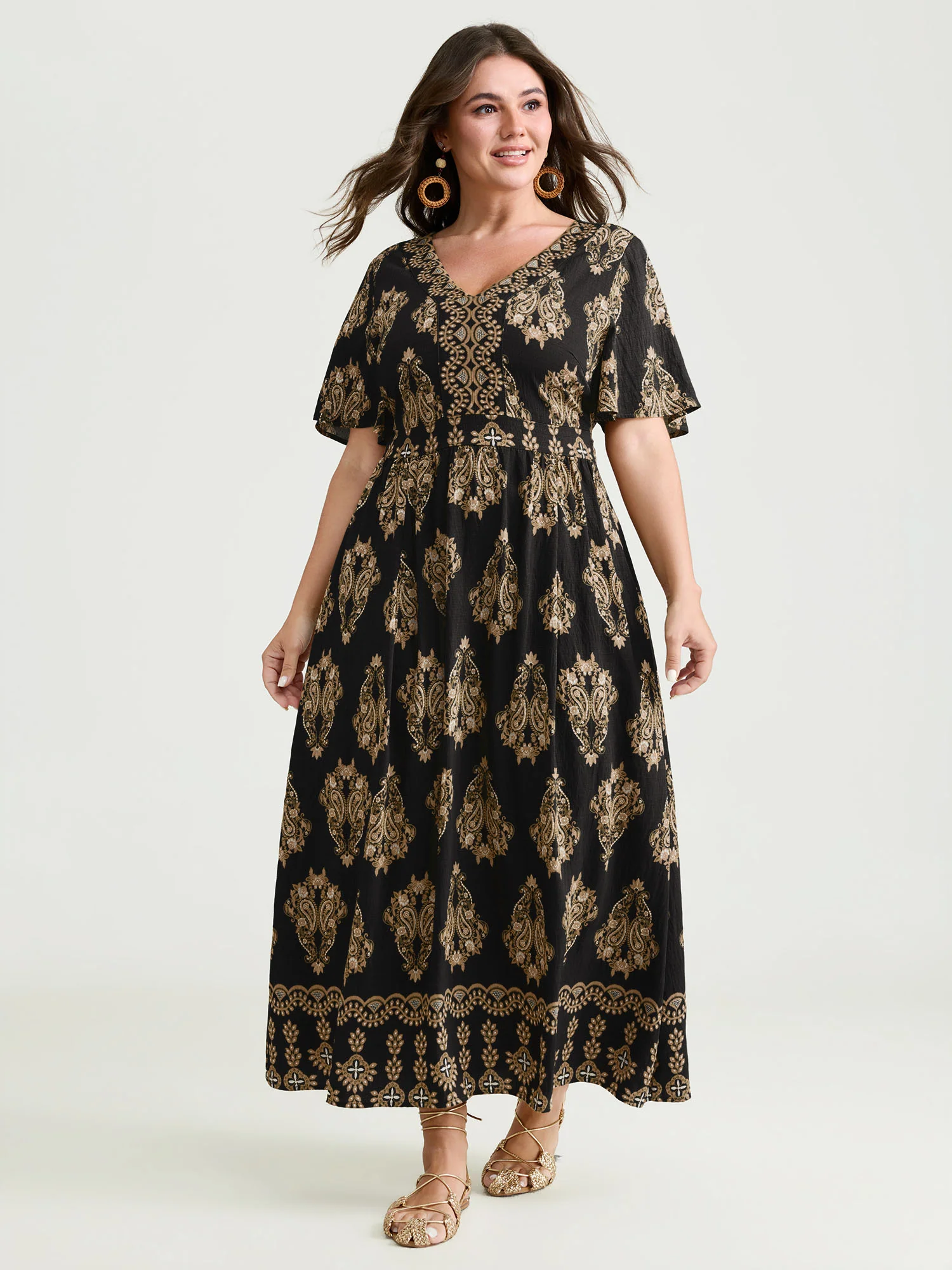 Paisley Print Pockets Shirred Waist Maxi Dress - Image 10