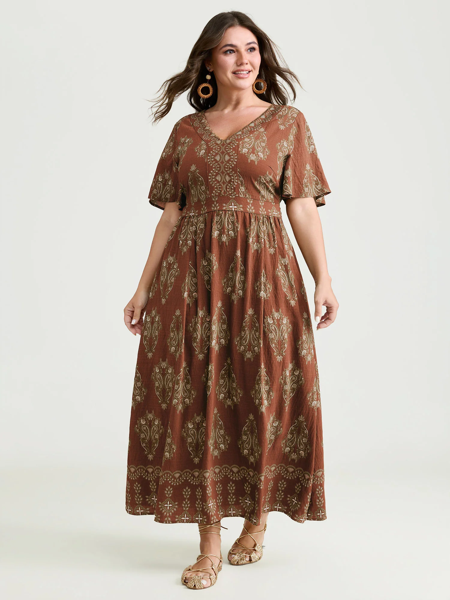 Paisley Print Pockets Shirred Waist Maxi Dress - Image 14