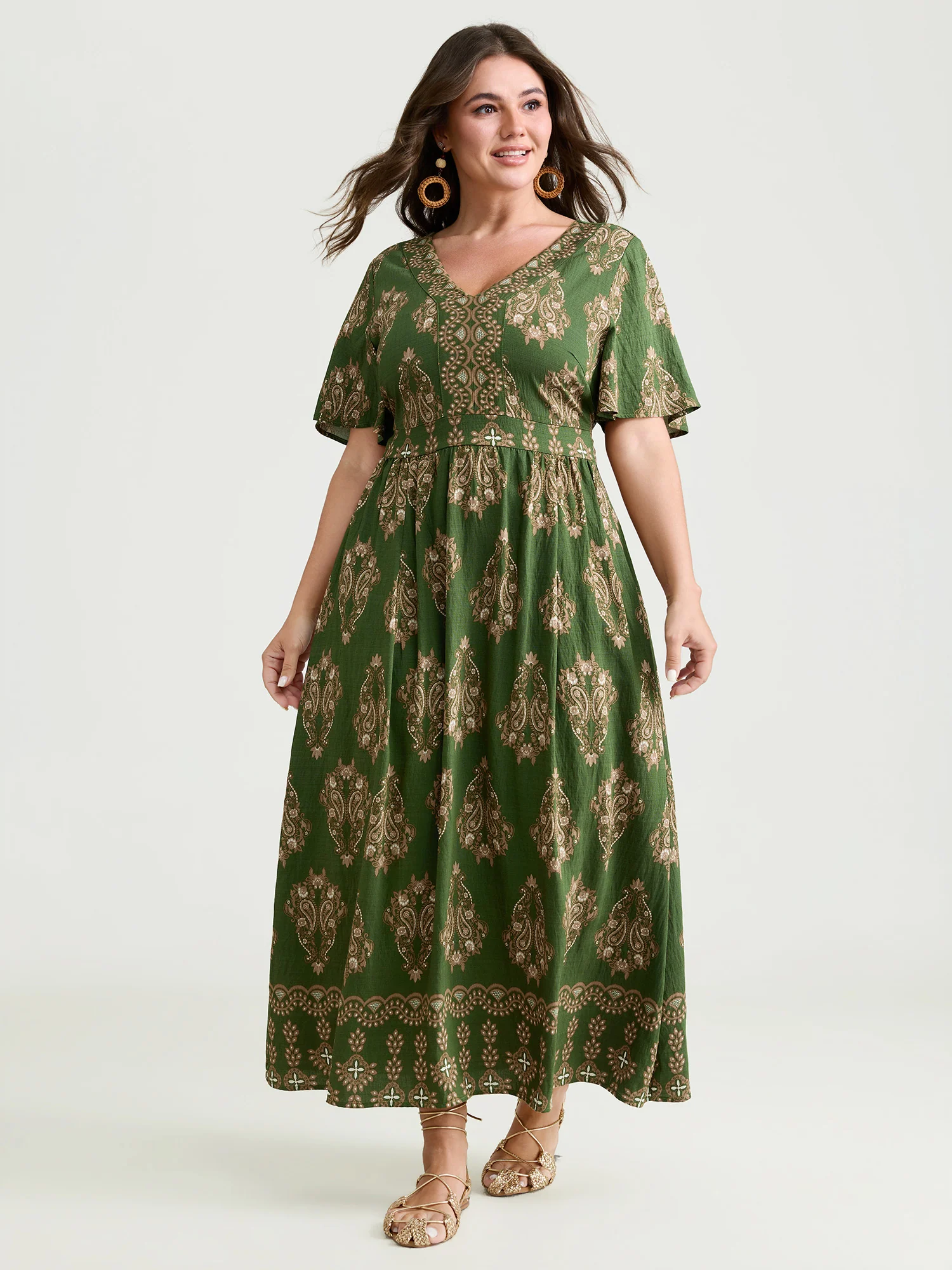 Paisley Print Pockets Shirred Waist Maxi Dress - Image 3