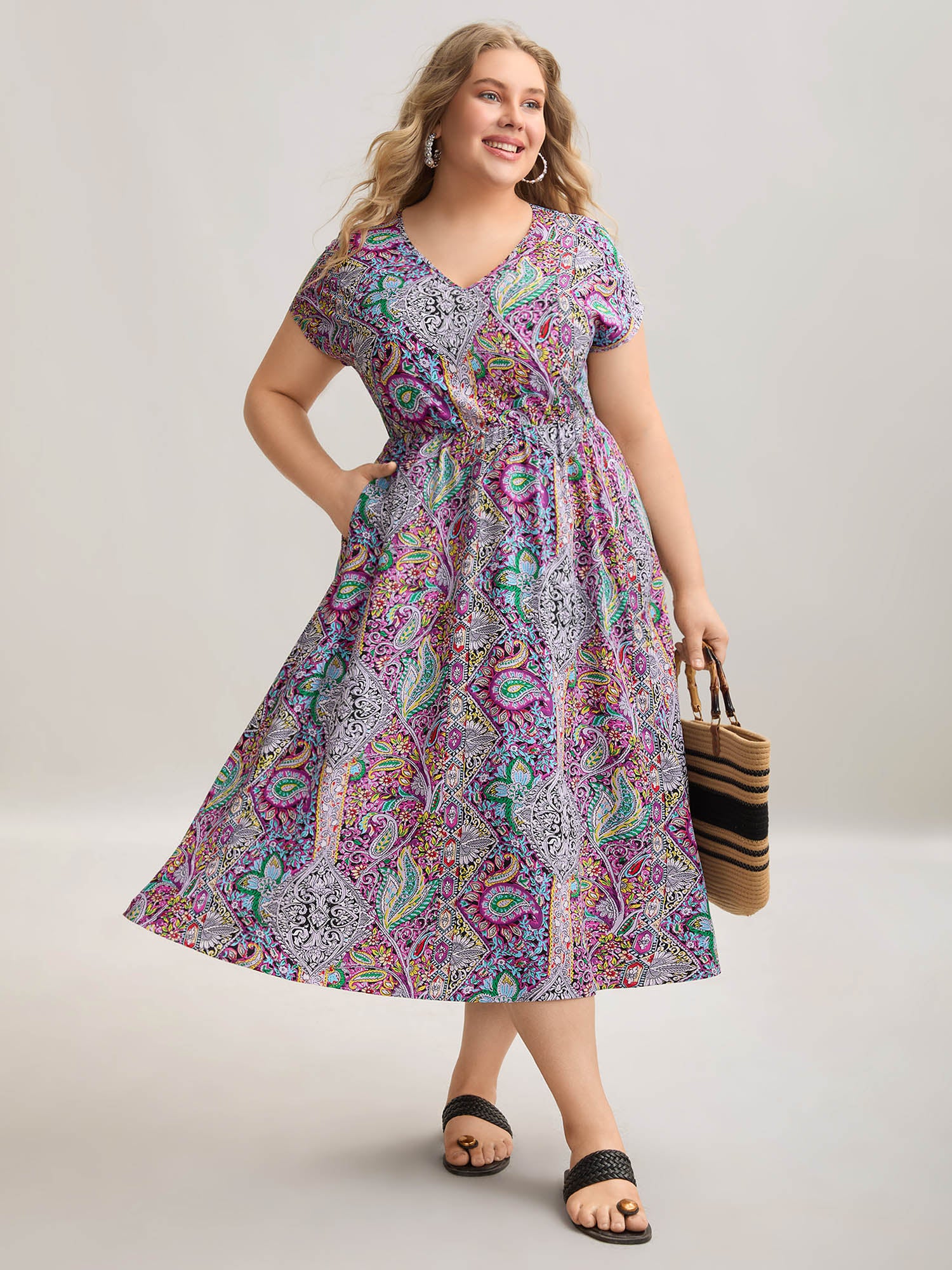 Paisley Print Pockets V-Neck Midi Dress - Image 3