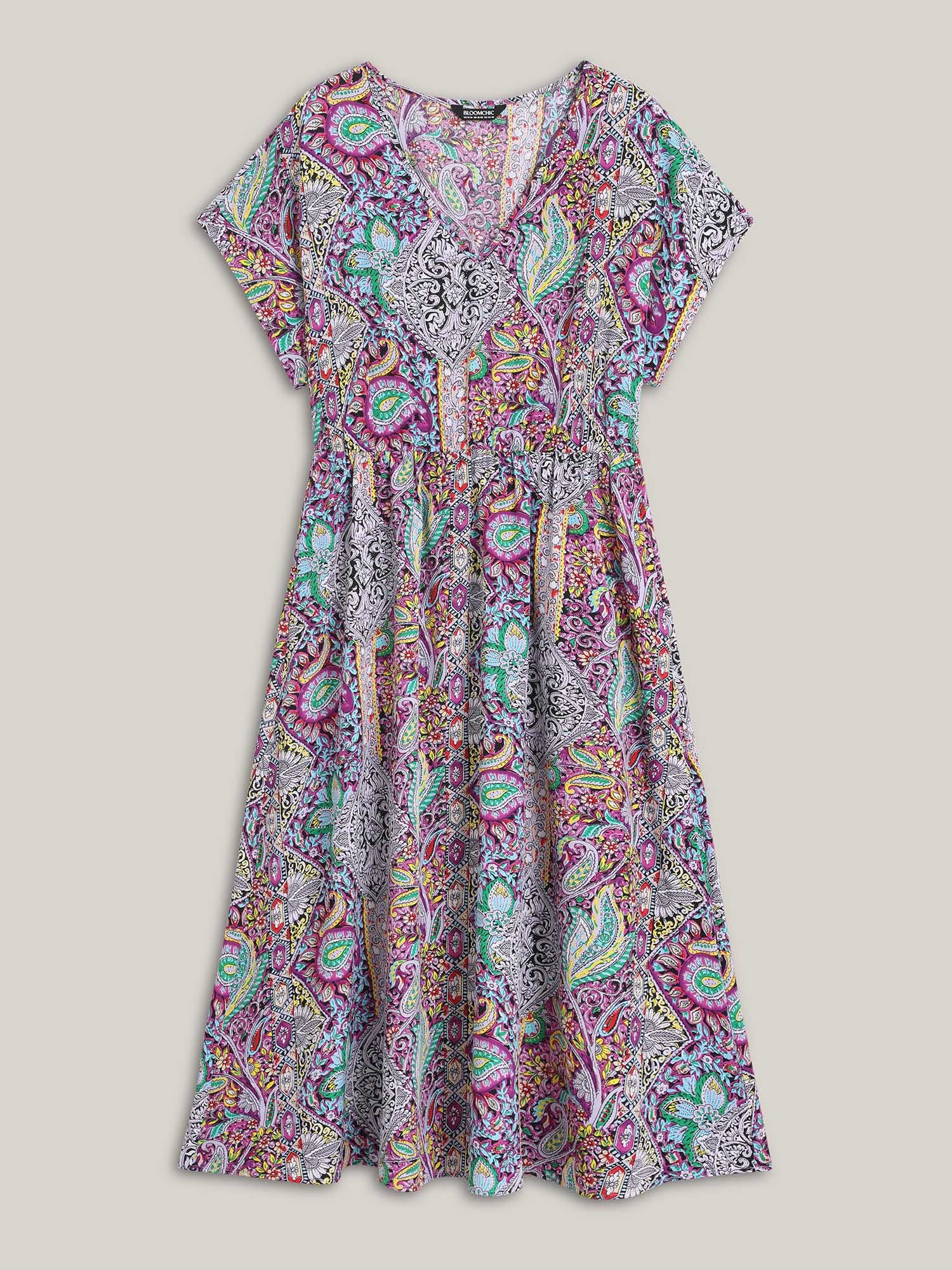Paisley Print Pockets V-Neck Midi Dress - Image 7
