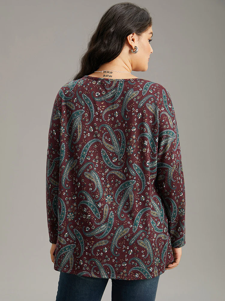 Paisley Print Round Neck Slightly Stretchy T-shirt - Image 2