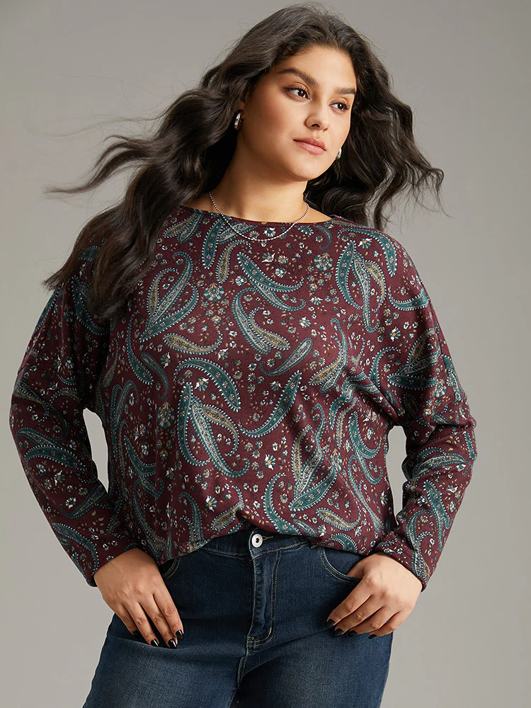 Paisley Print Round Neck Slightly Stretchy T-shirt - Image 3